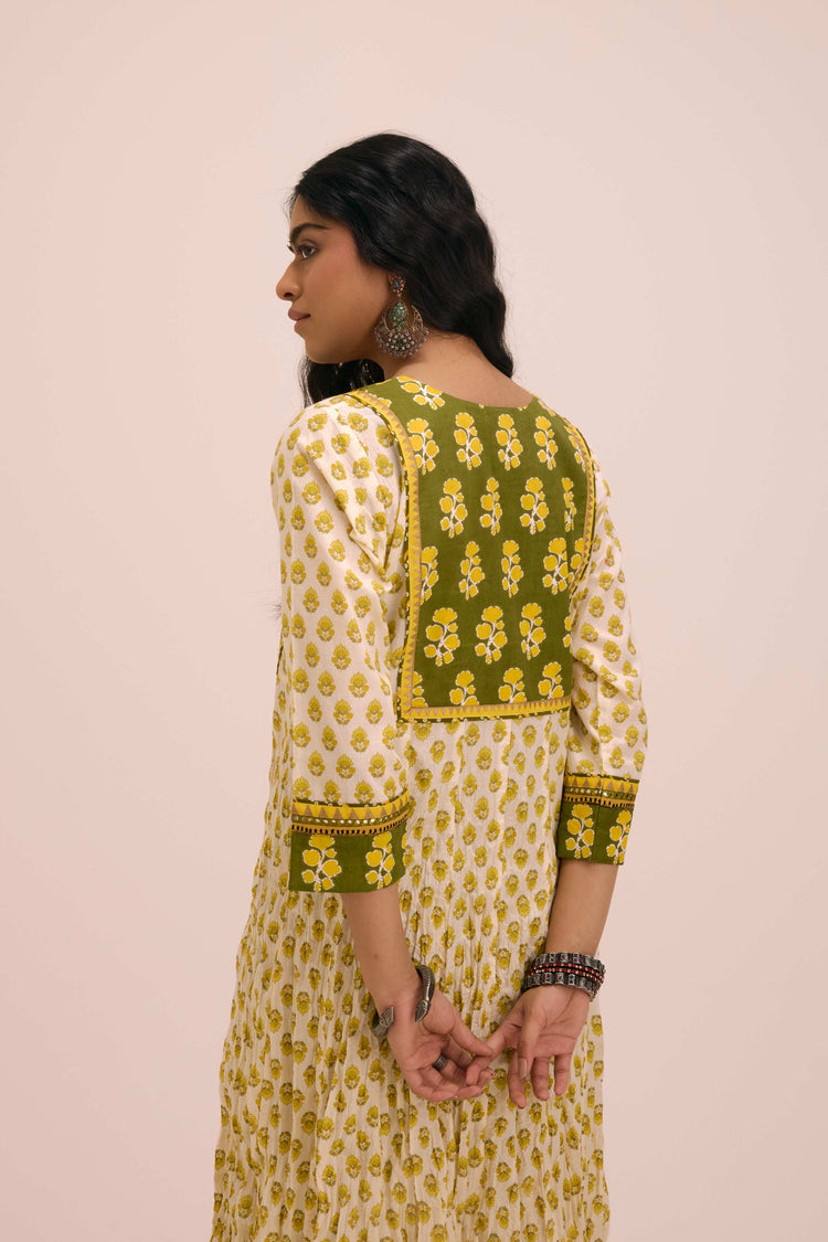 Crinkled Cotton Printed Anarkali Kurta Cream Yellow
