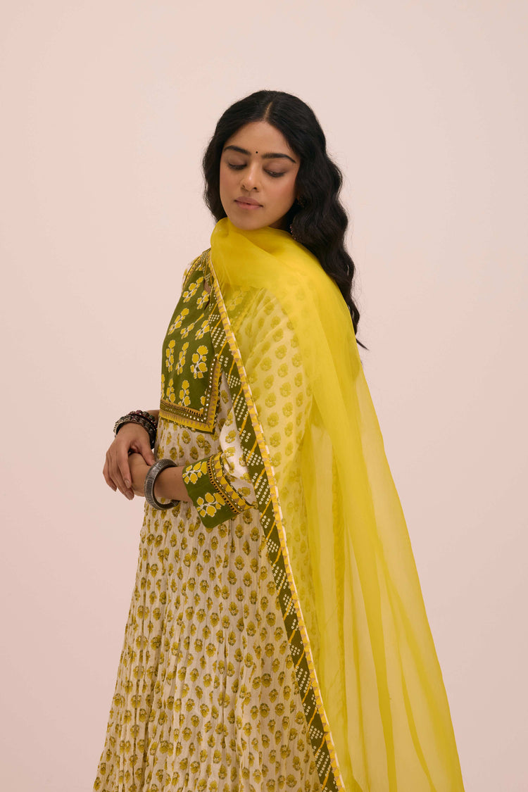 Crinkled Cotton Printed Anarkali Kurta Cream Yellow