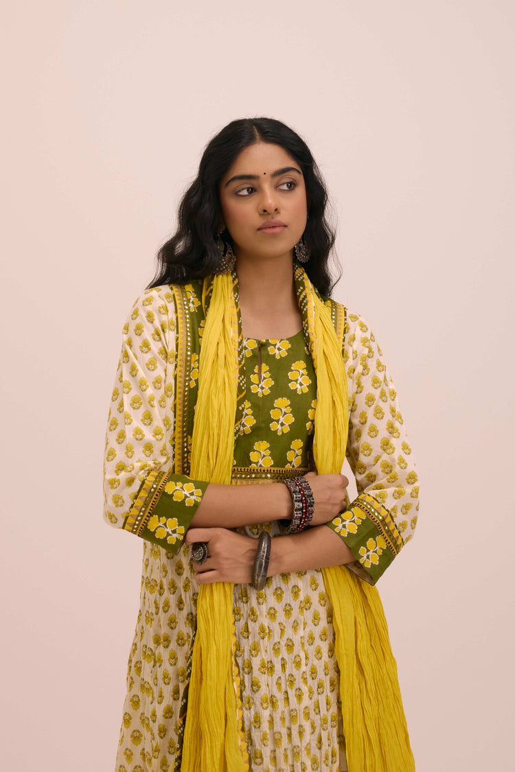 Crinkled Cotton Printed Anarkali Kurta Cream Yellow