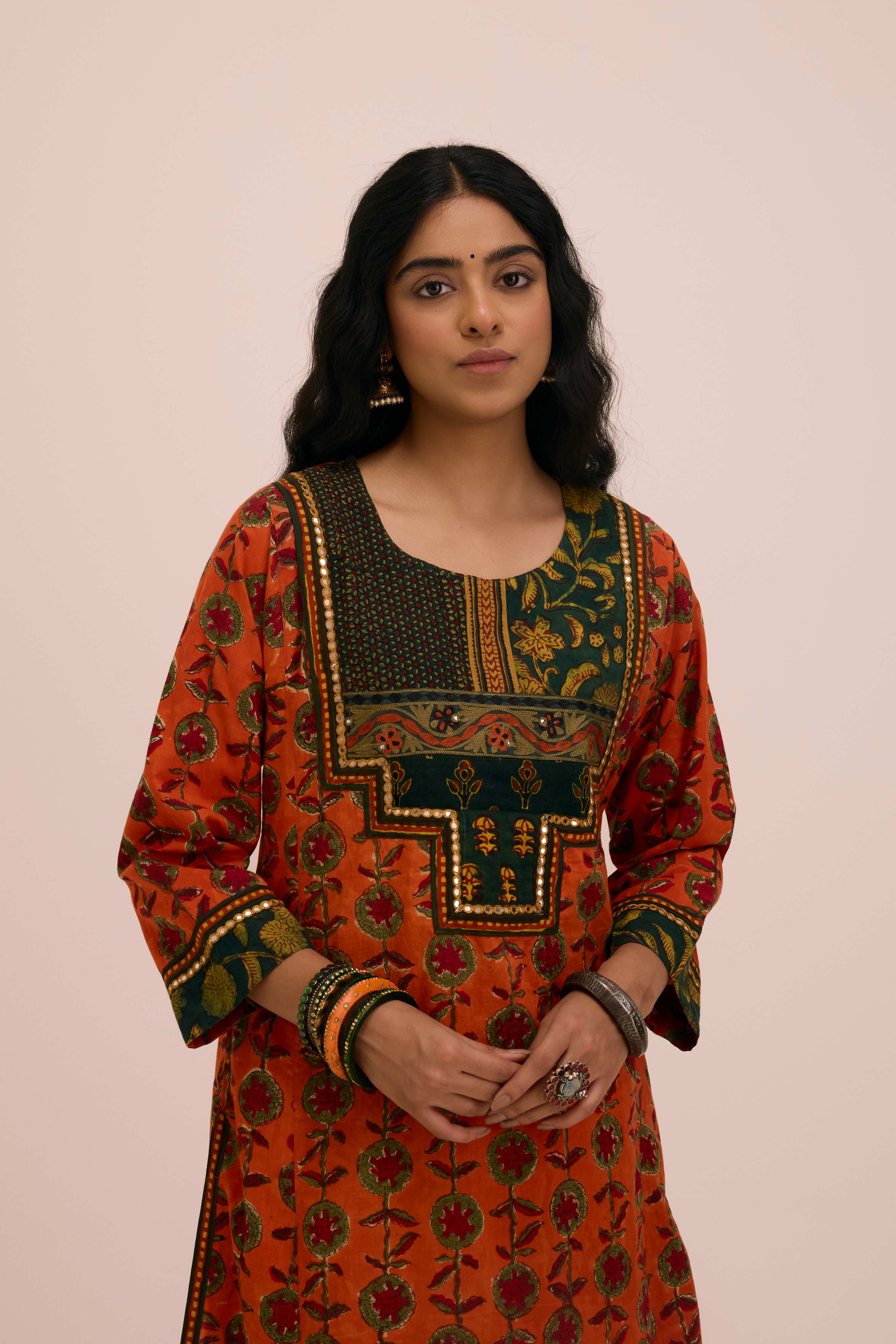 Dienne Cotton Hand Block Printed Kurta Orange