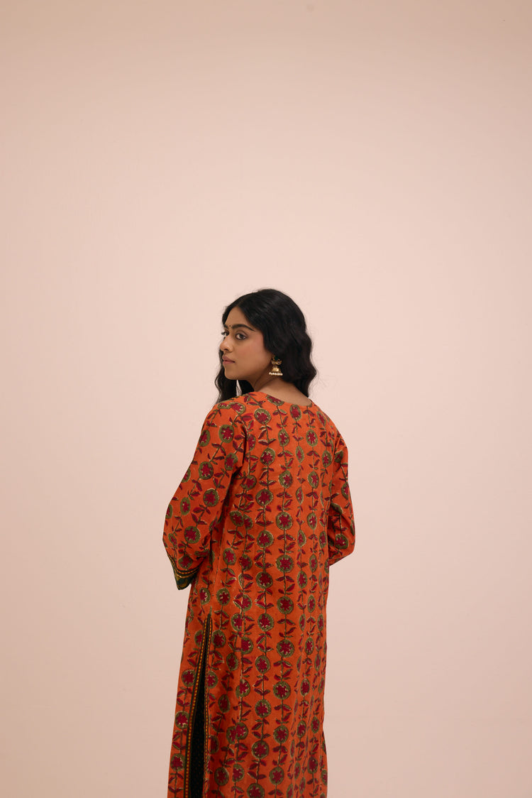 Dienne Cotton Hand Block Printed Kurta Orange