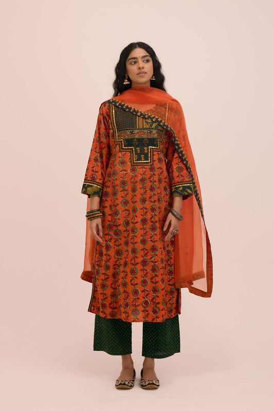 Dienne Cotton Hand Block Printed Kurta Orange