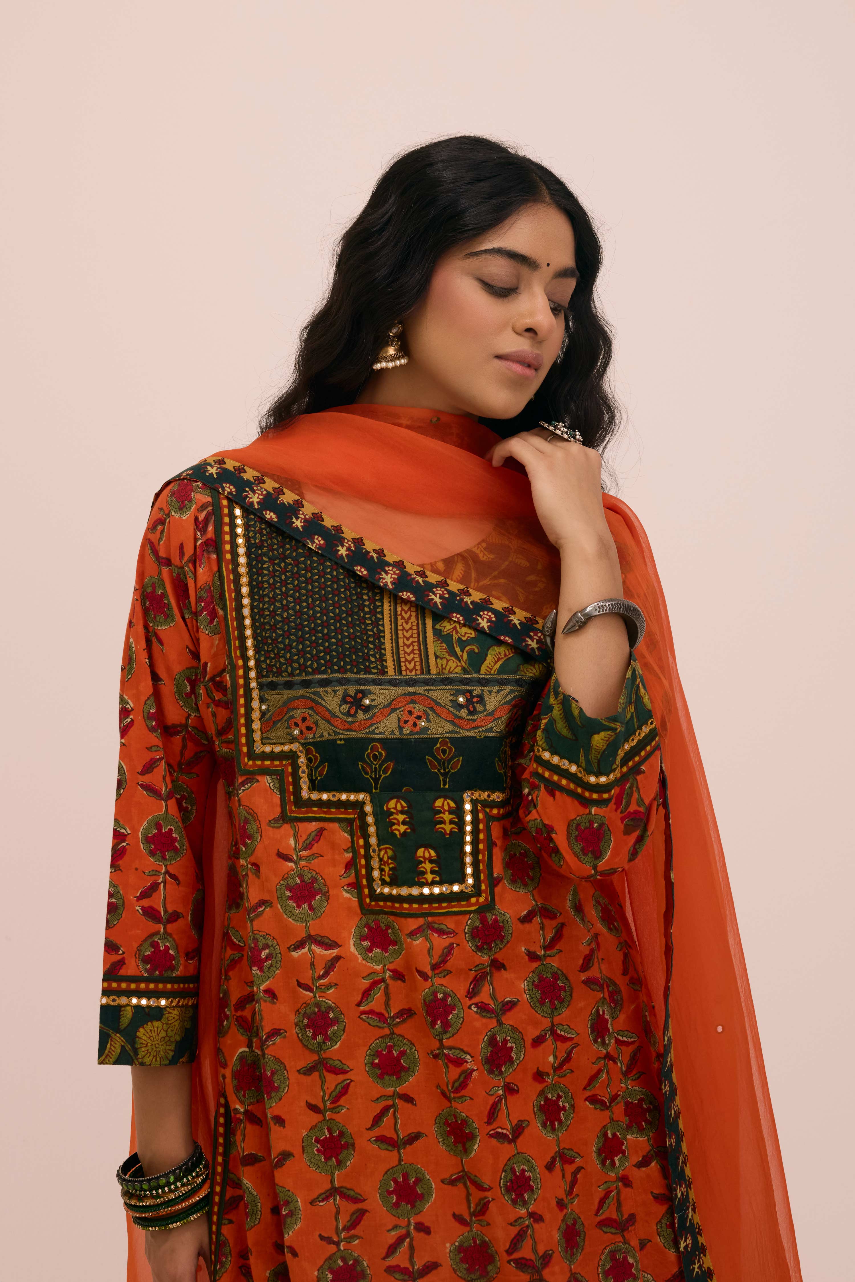 Medh Embroidered Treated Chiffon Dupatta Orange