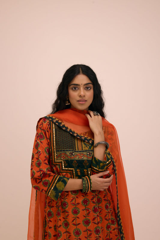 Dienne Cotton Hand Block Printed Kurta Orange
