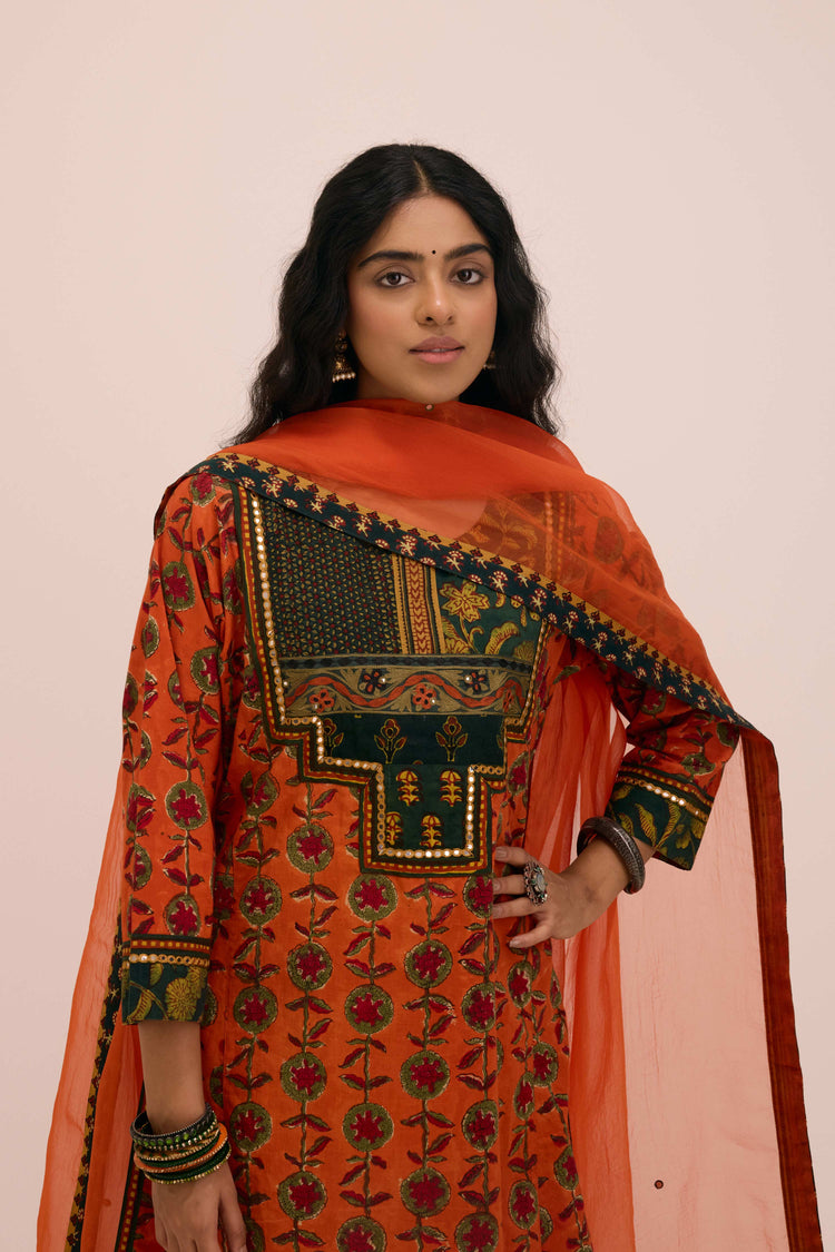 Dienne Cotton Hand Block Printed Kurta Orange