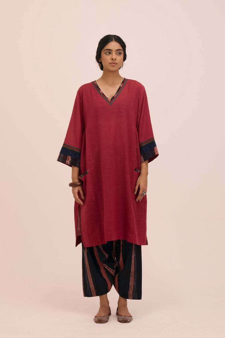Diu Cotton Slub Solid Co-ord Set Burgundy