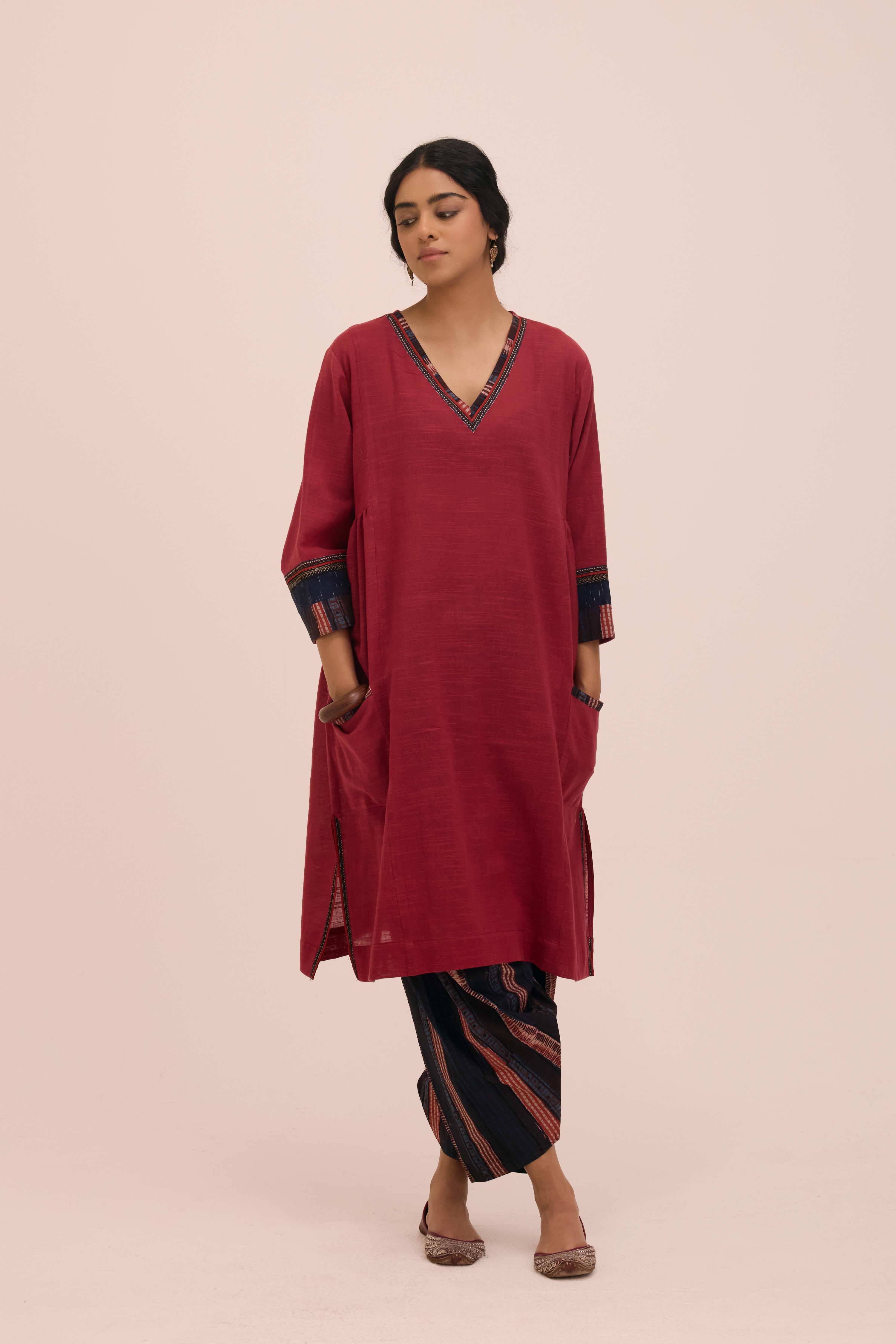Diu Cotton Slub Solid Co-ord Set Burgundy