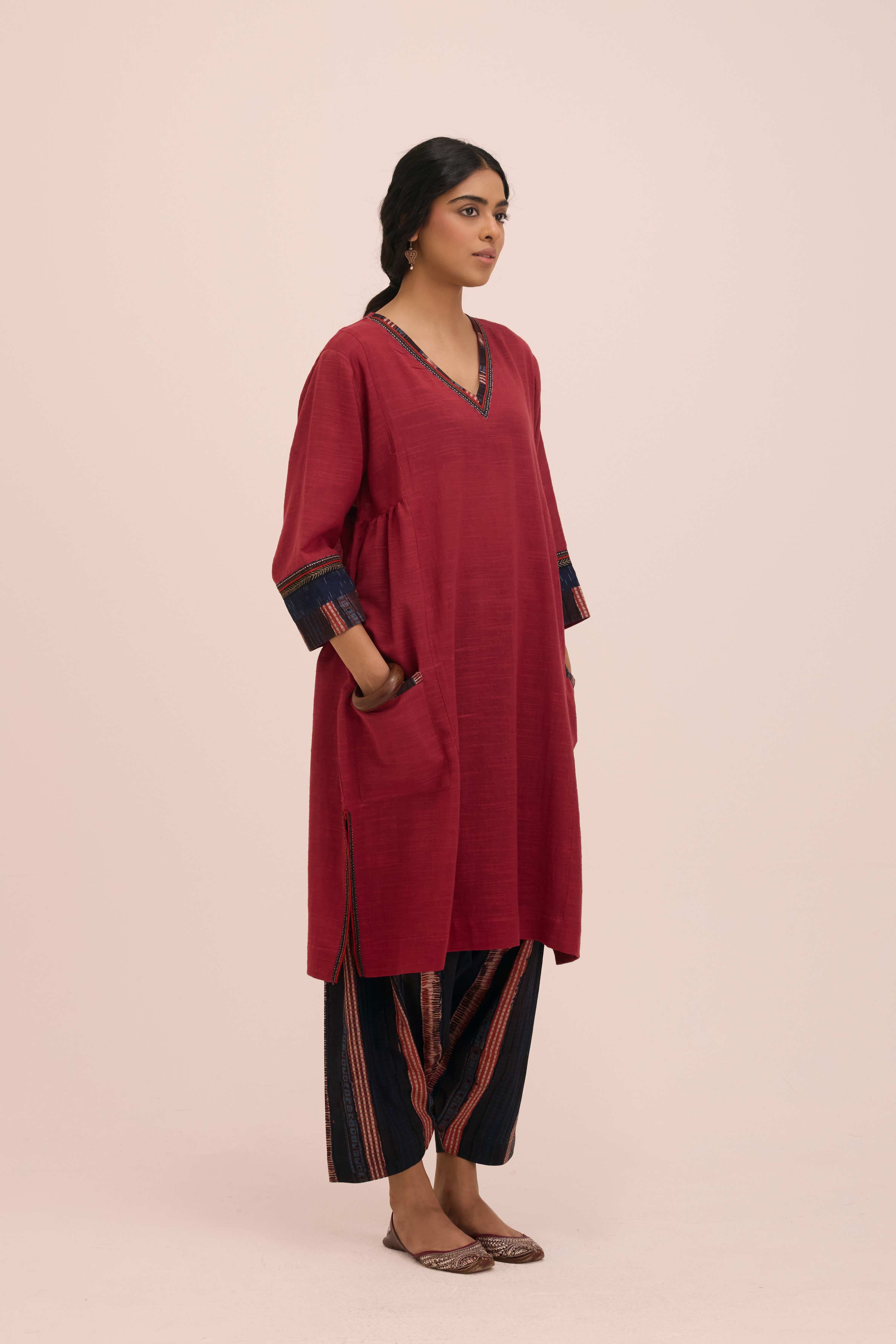 Diu Cotton Slub Solid Co-ord Set Burgundy