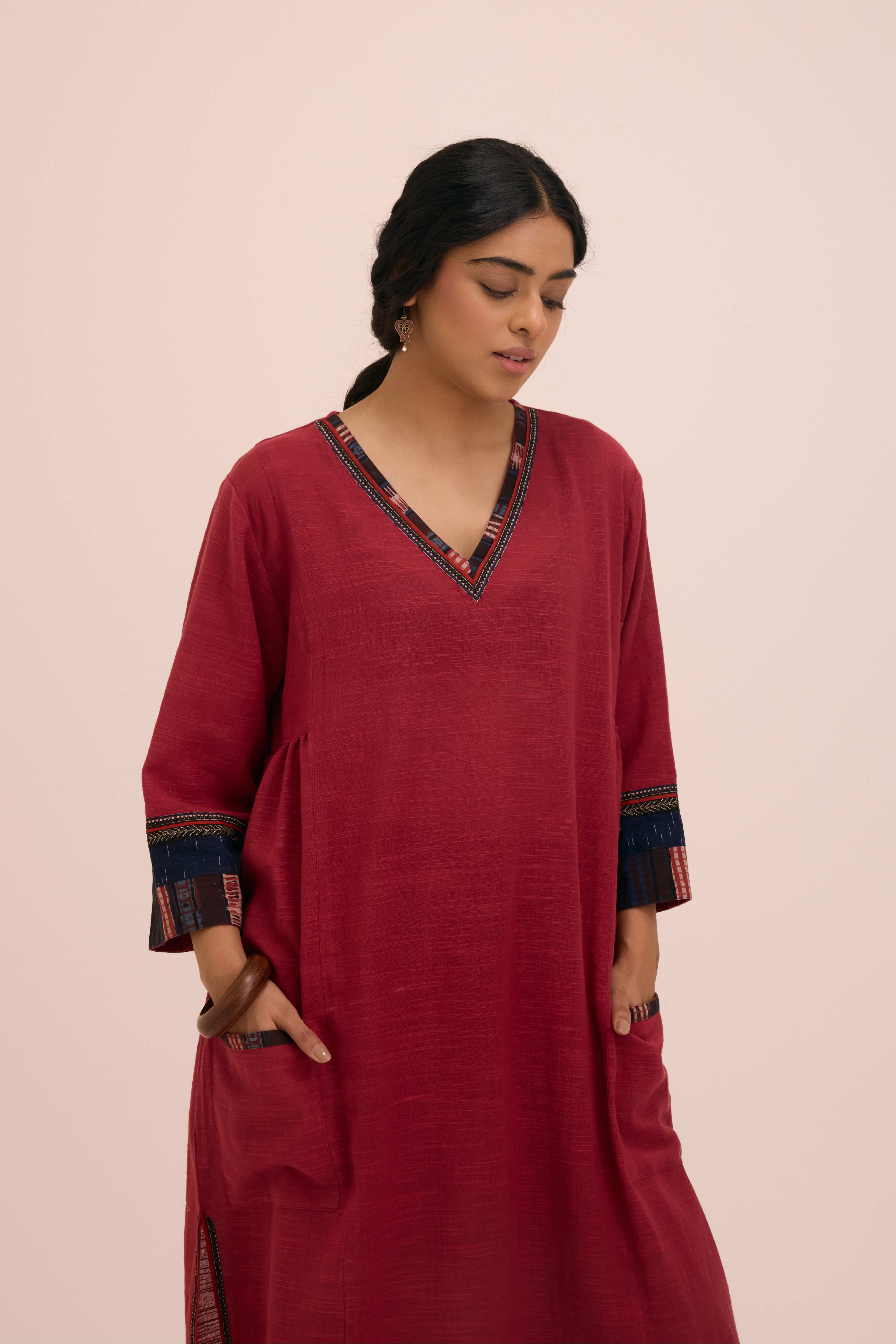 Diu Cotton Slub Solid Co-ord Set Burgundy