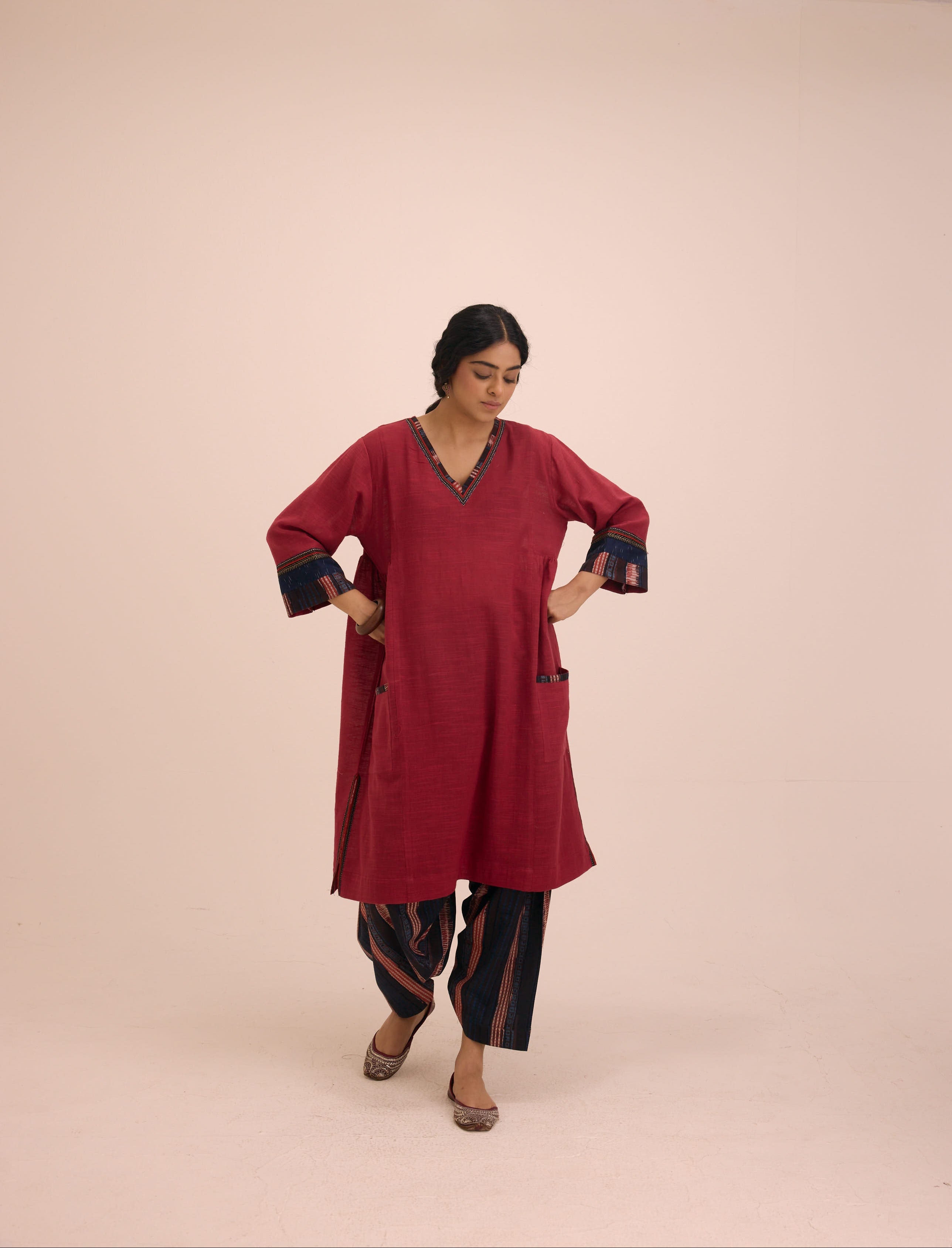 Diu Cotton Slub Solid Co-ord Set Burgundy
