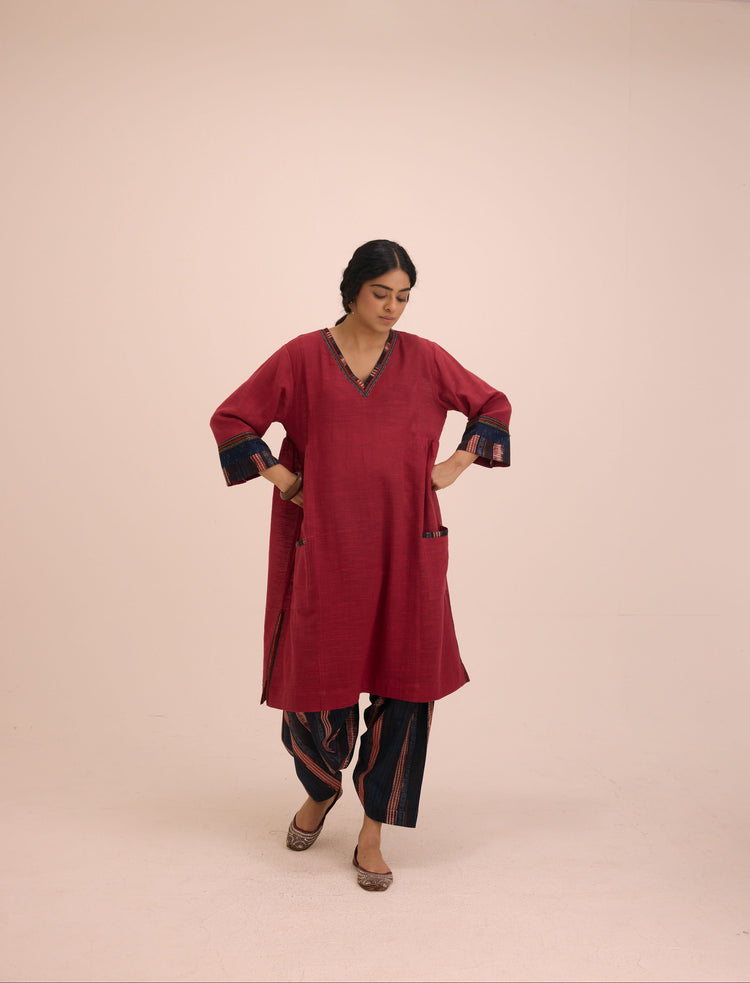 Diu Cotton Slub Solid Co-ord Set Burgundy