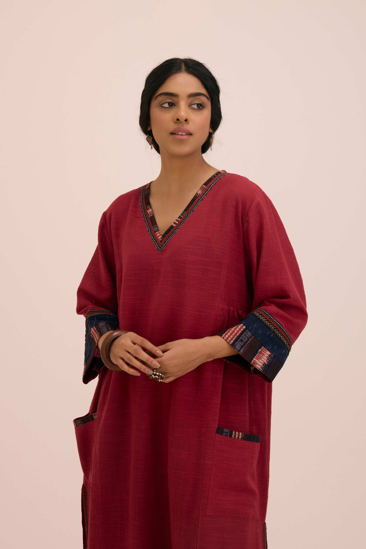 Diu Cotton Slub Solid Co-ord Set Burgundy