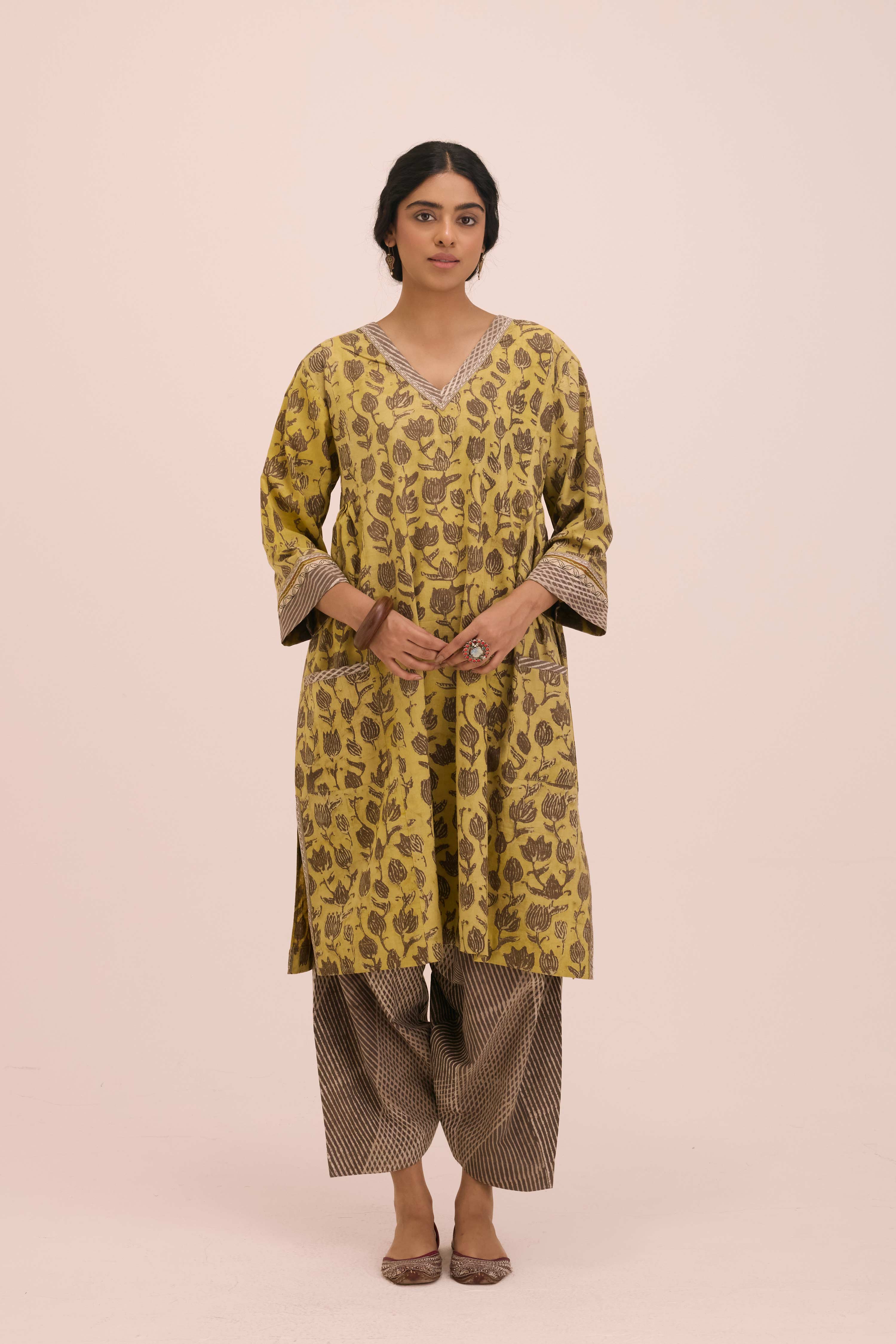 Diu Cotton Hand Block Printed Co-ord Set Ochre Yellow