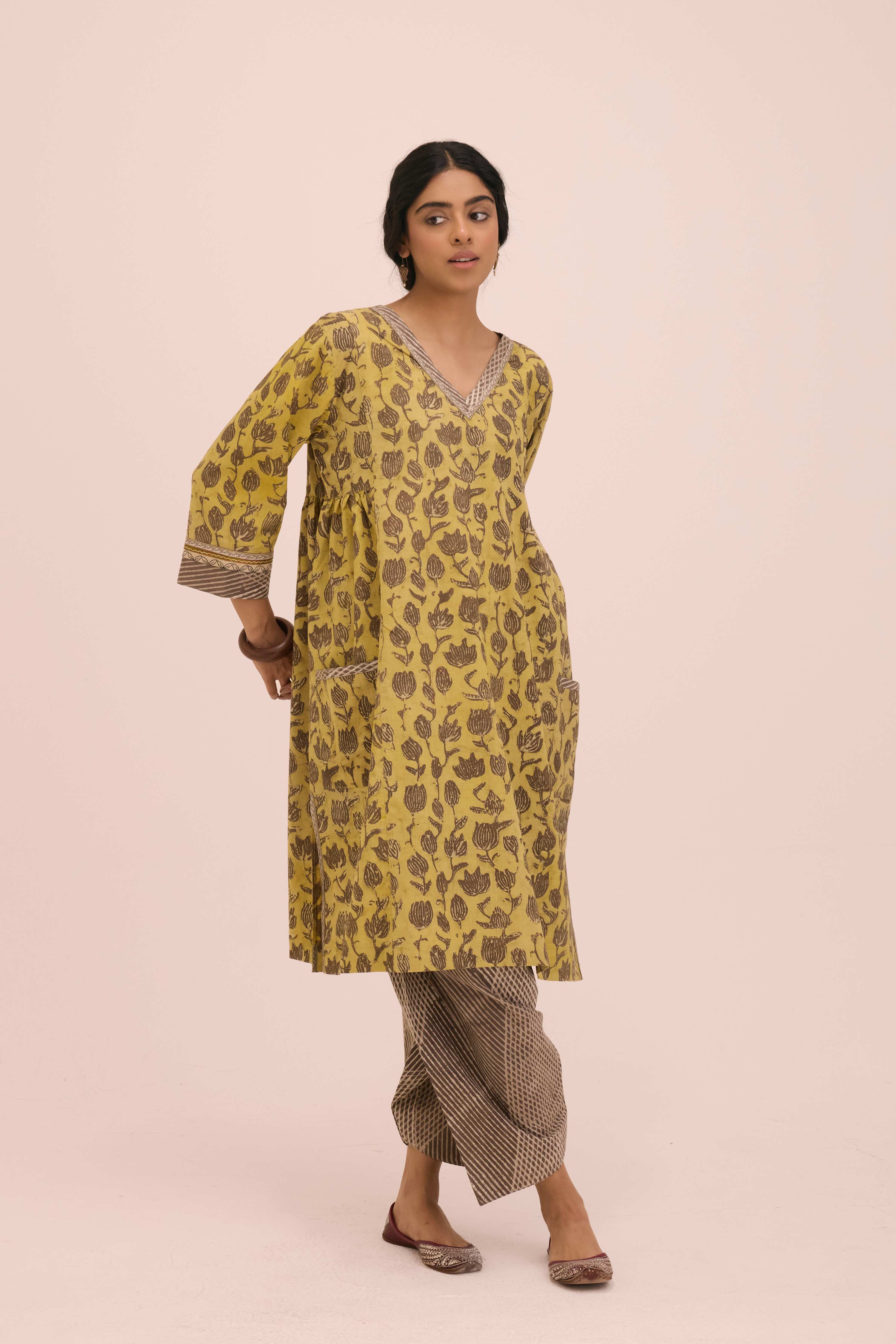 Diu Cotton Hand Block Printed Co-ord Set Ochre Yellow