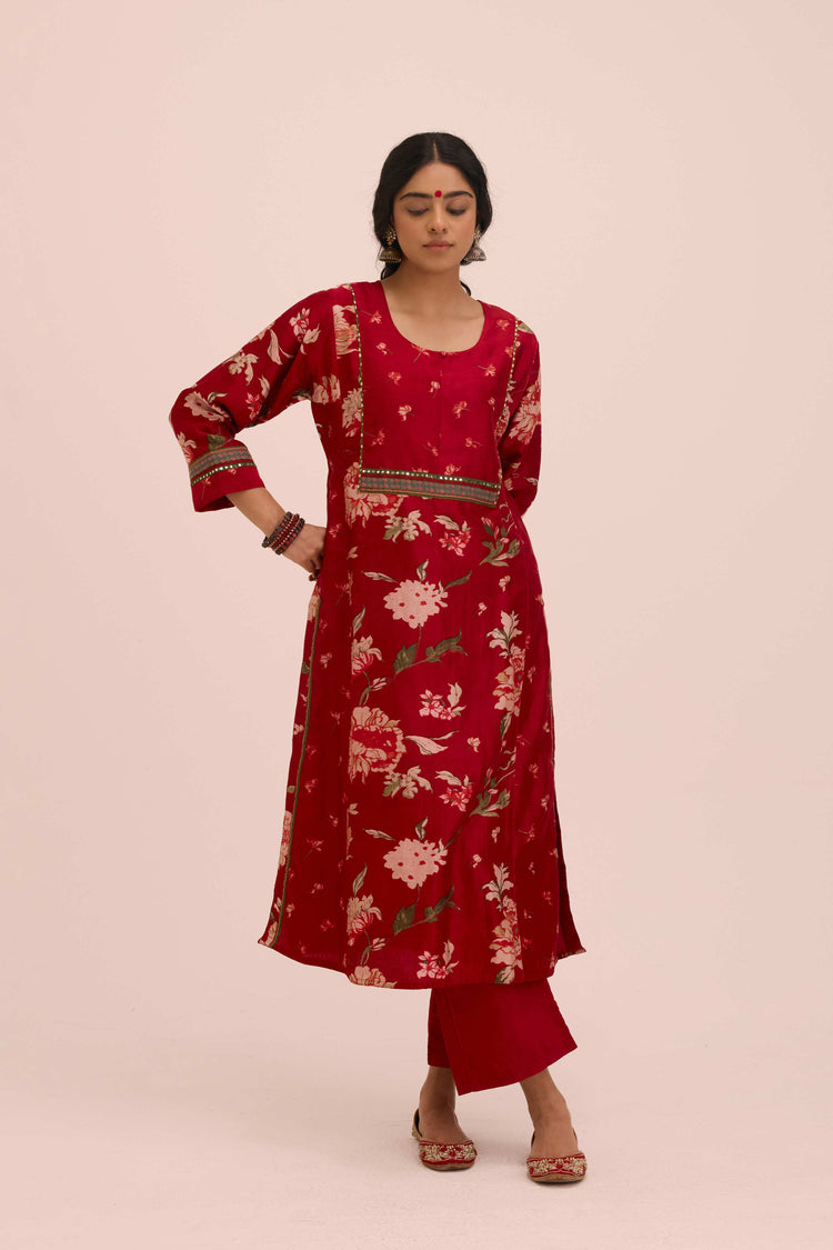 Rozana Chanderi Printed Kurta Floral  Red