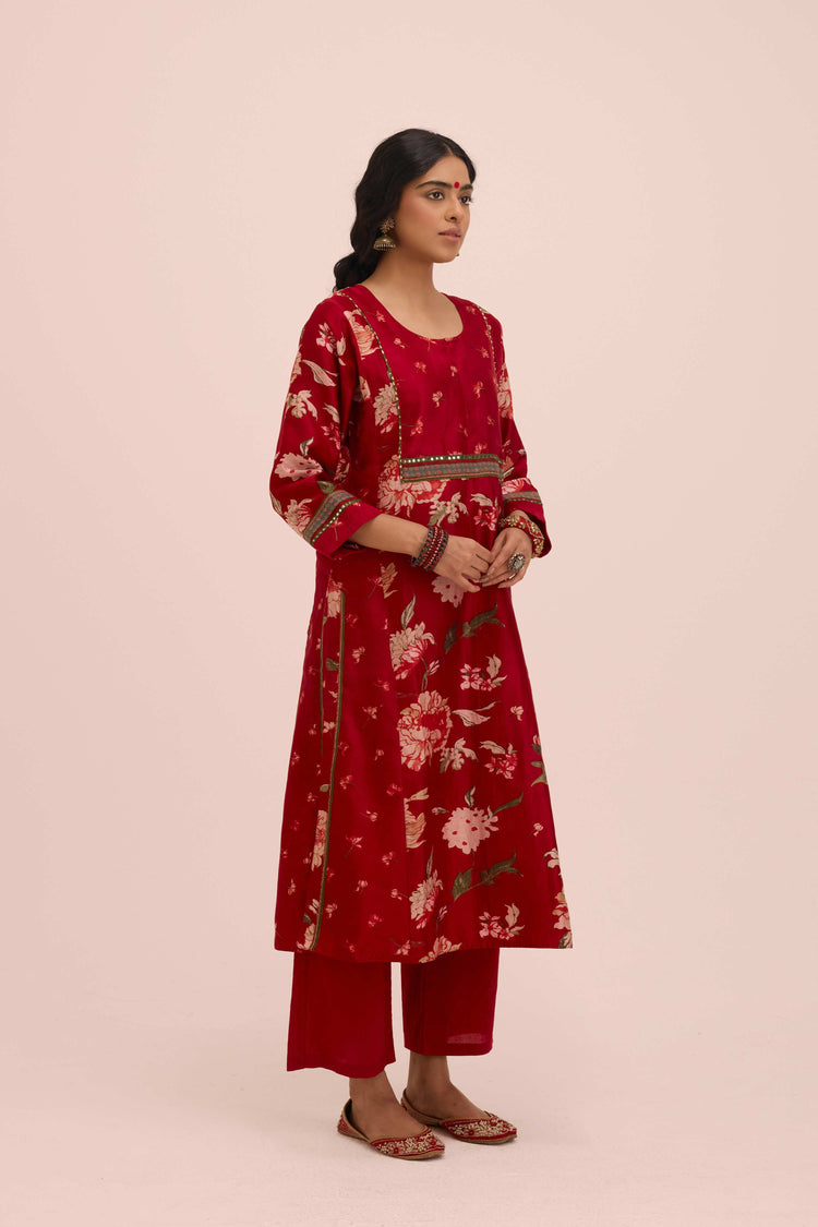 Straight Cotton Solid Printed Pant Red