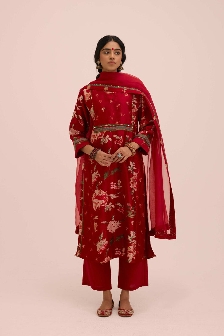 Rozana Chanderi Printed Kurta Floral  Red