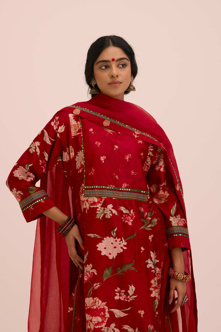 Rozana Chanderi Printed Kurta Floral  Red
