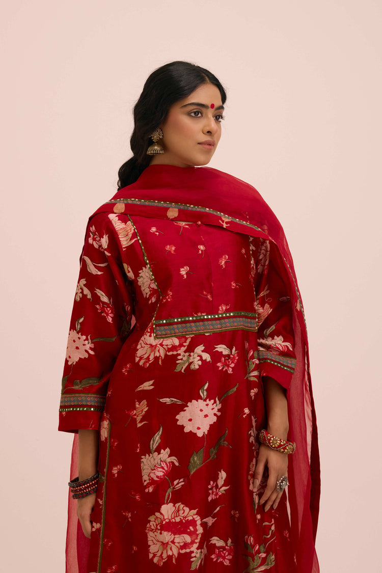 Rozana Chanderi Printed Kurta Floral  Red