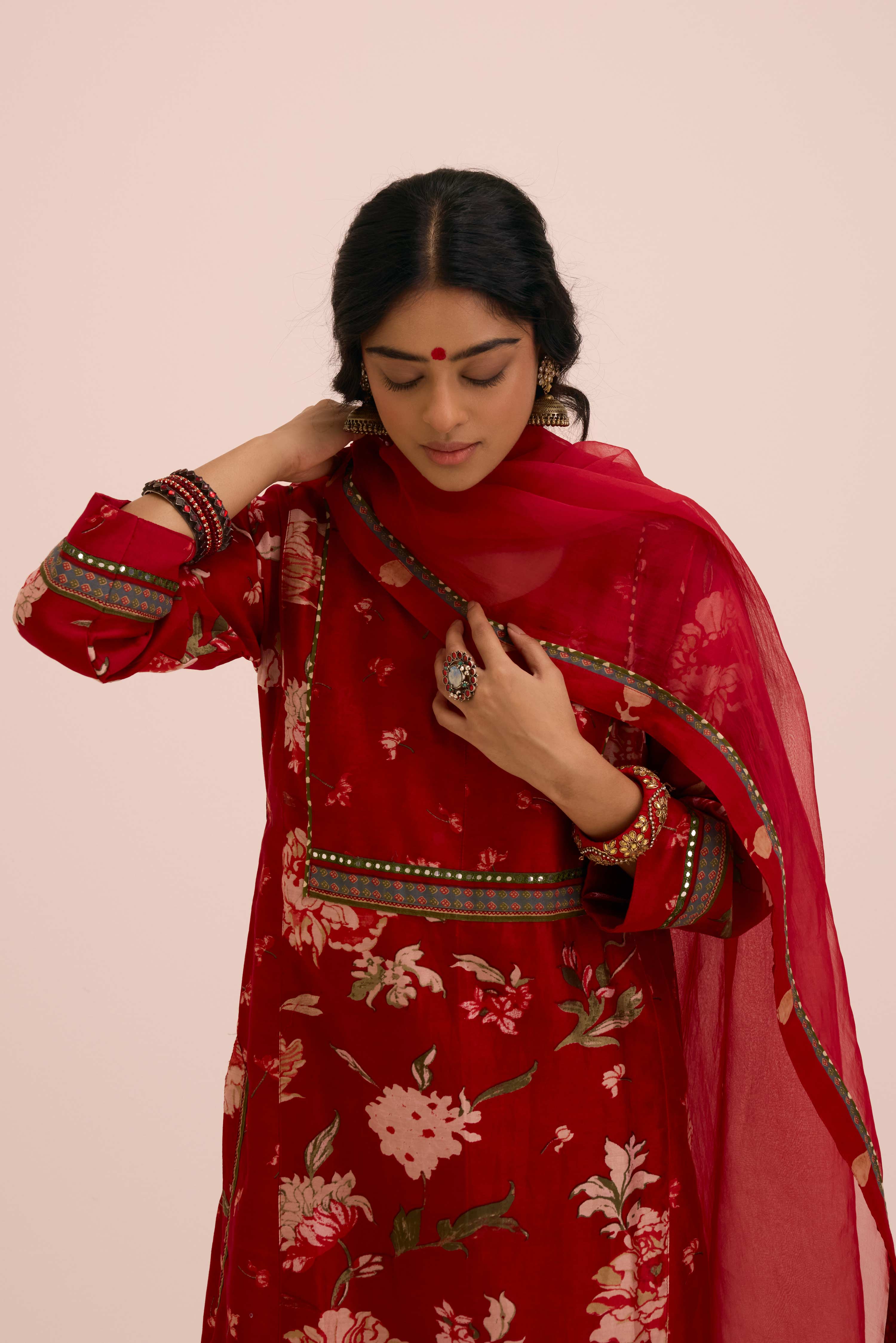 Rozana Chanderi Printed Kurta Floral  Red