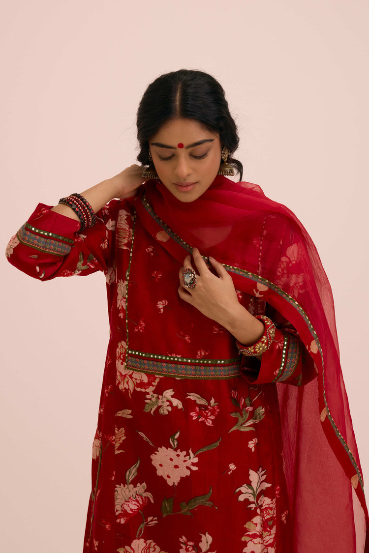 Rozana Chanderi Printed Kurta Floral  Red