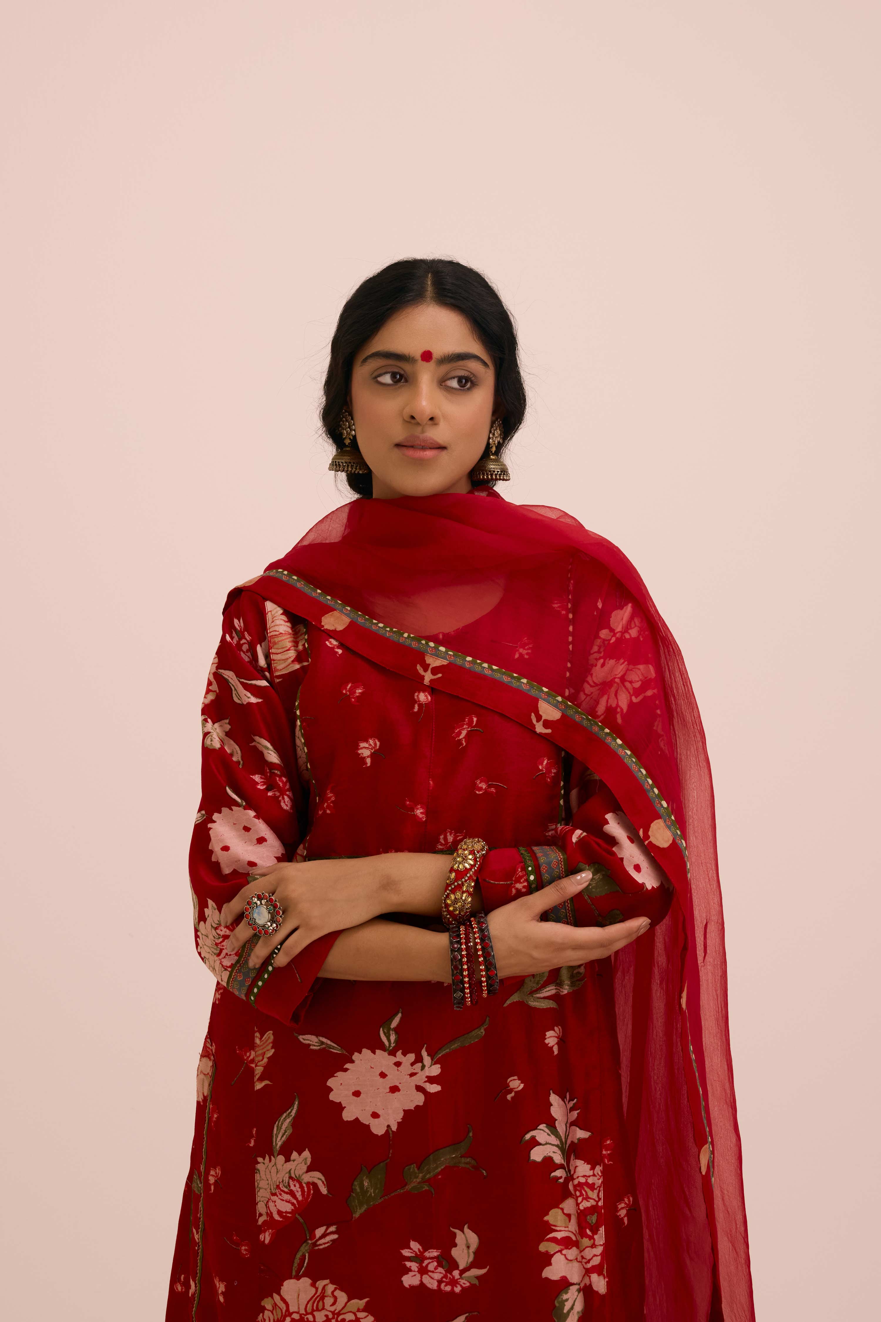 Rozana Chanderi Printed Kurta Floral  Red