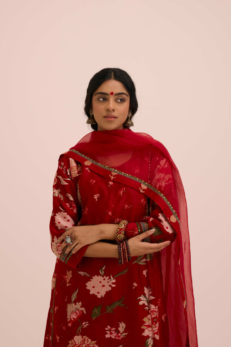 Rozana Chanderi Printed Kurta Floral  Red
