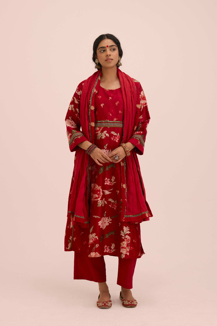 Rozana Chanderi Printed Kurta Floral  Red