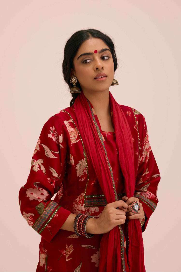 Rozana Chanderi Printed Kurta Floral  Red