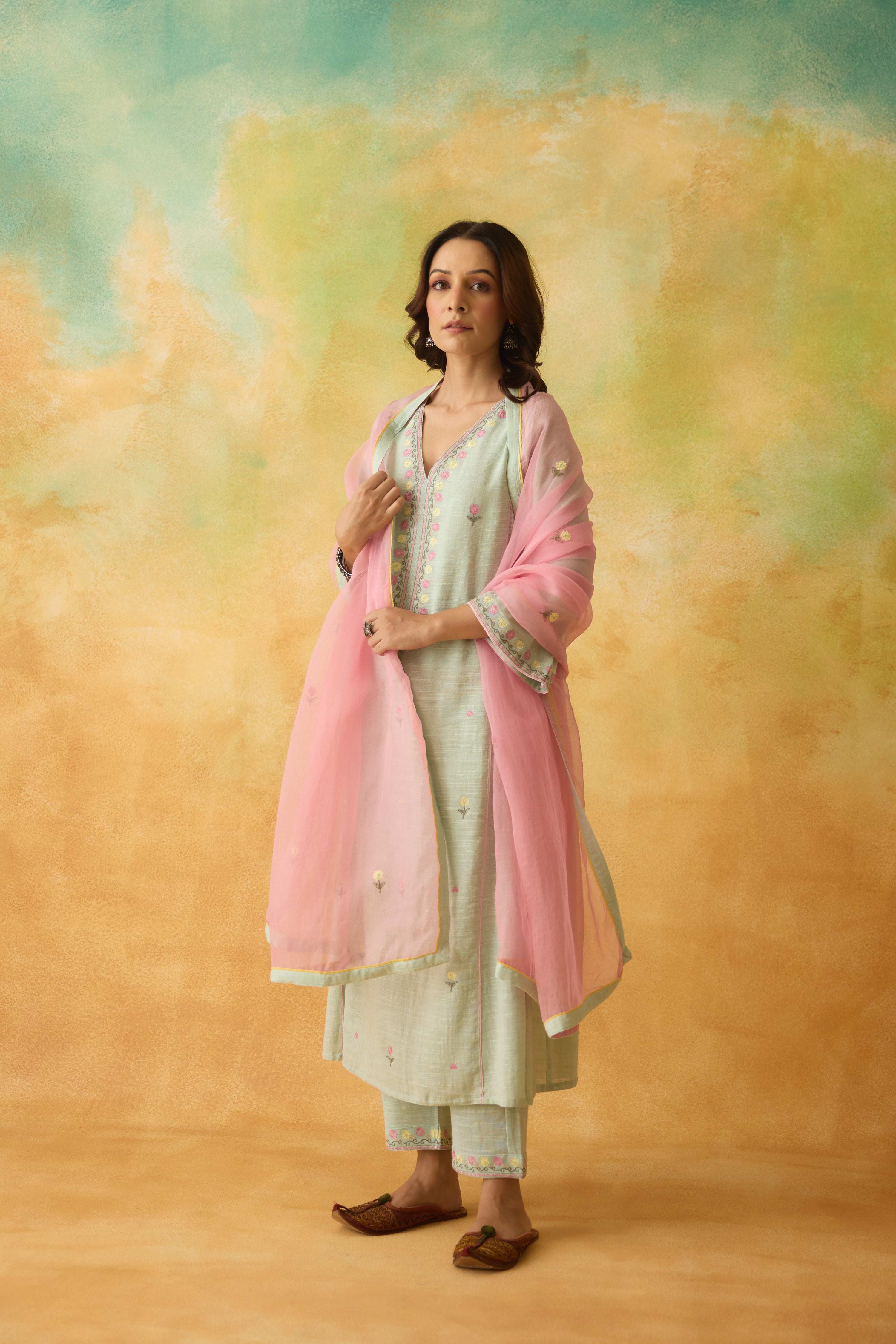 Ramya Embroidered Cotton Slub Kurta Blue (10001665130795)