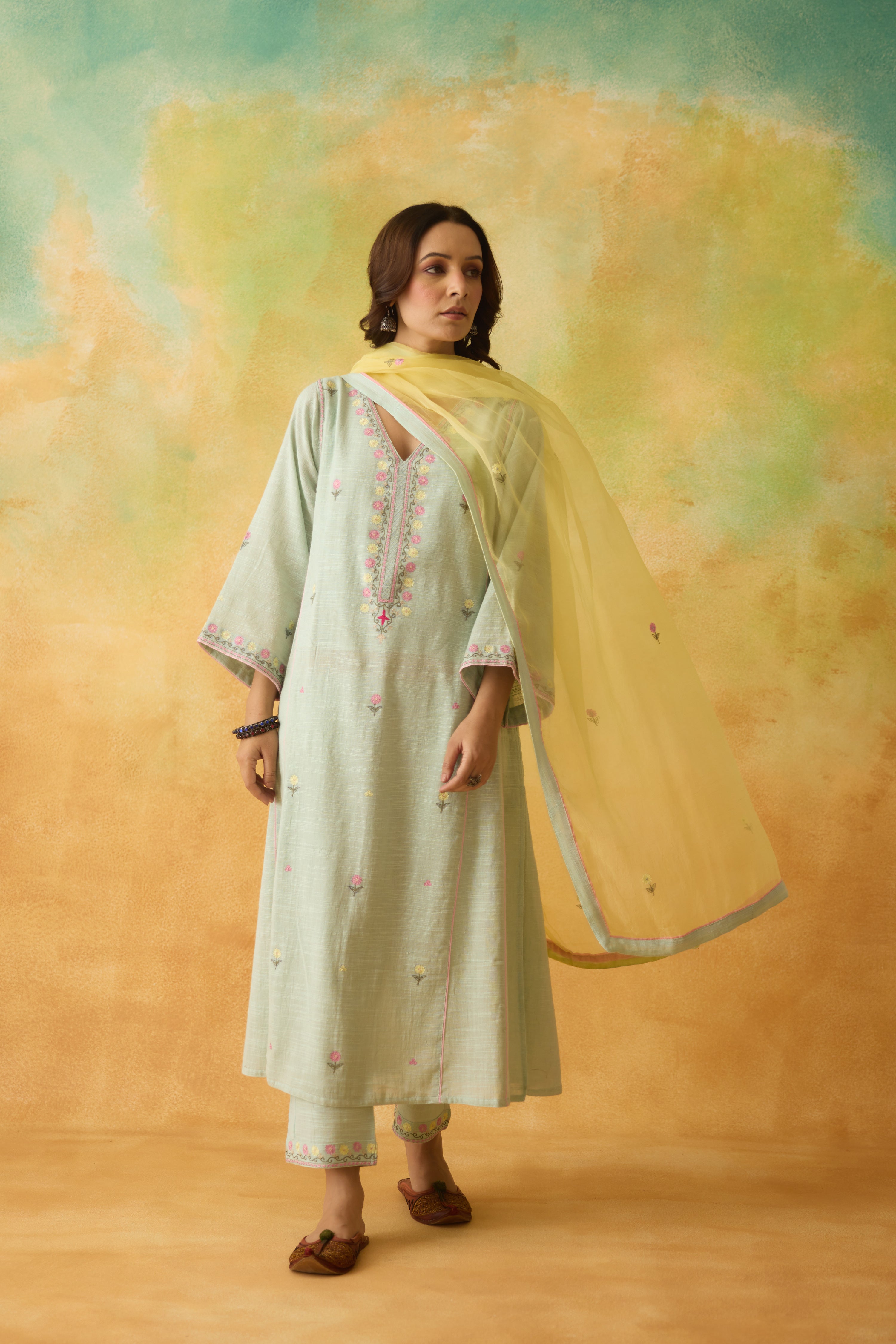 Ramya Embroidered Cotton Slub Kurta Blue (10001665130795)