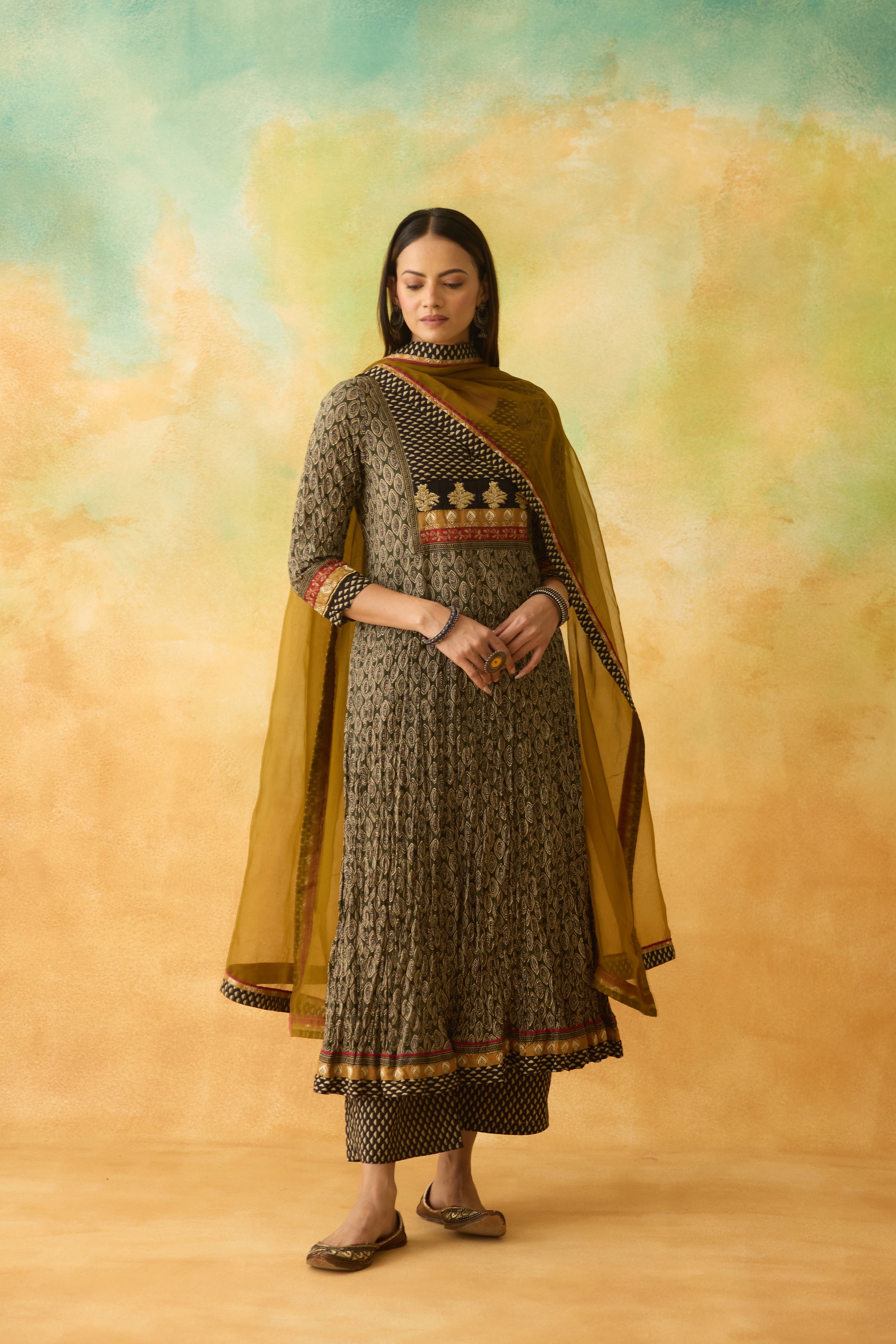Rozana Anarkali Kurta Green Beige (10004632863019)