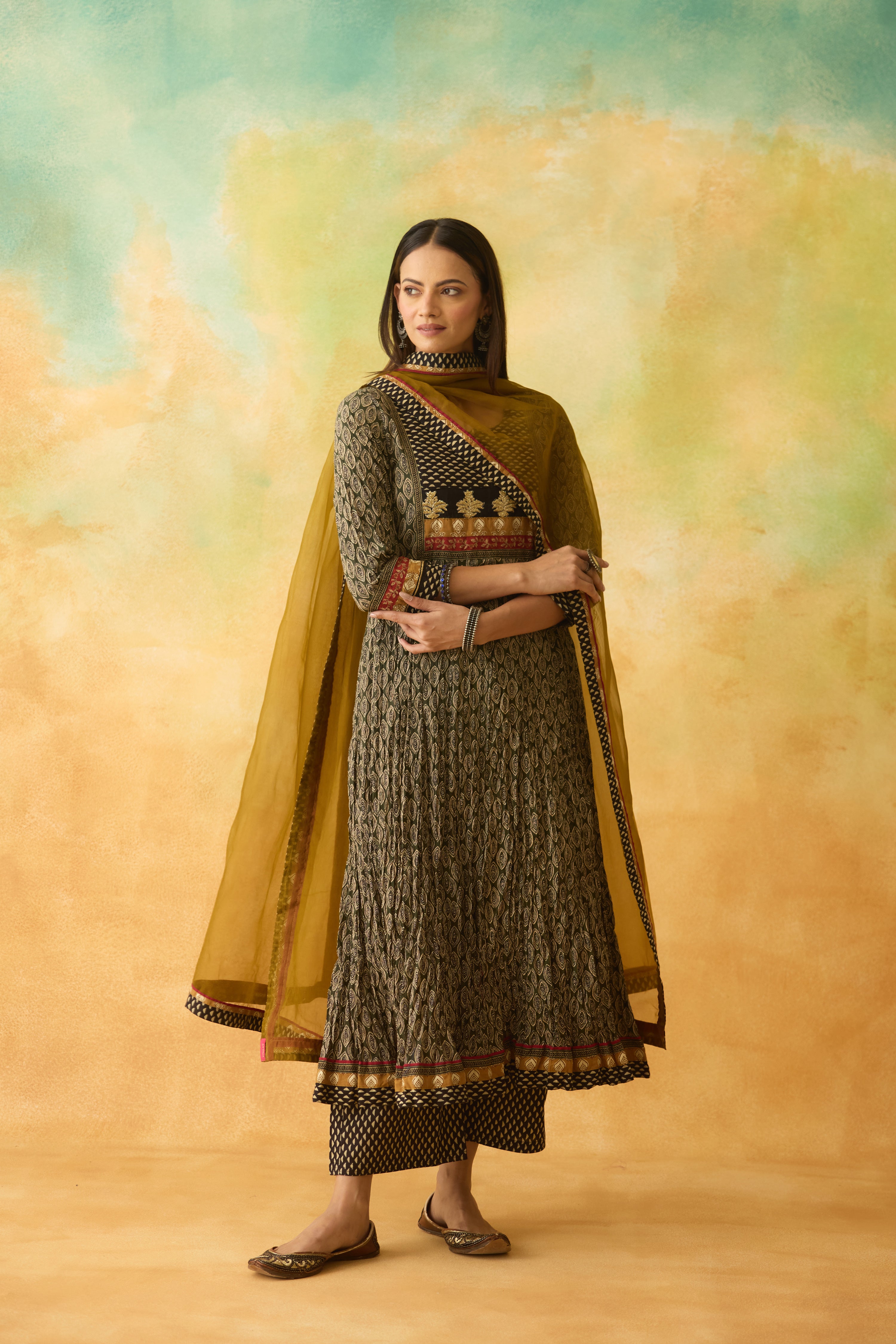 Rozana Anarkali Kurta Green Beige (10004632863019)