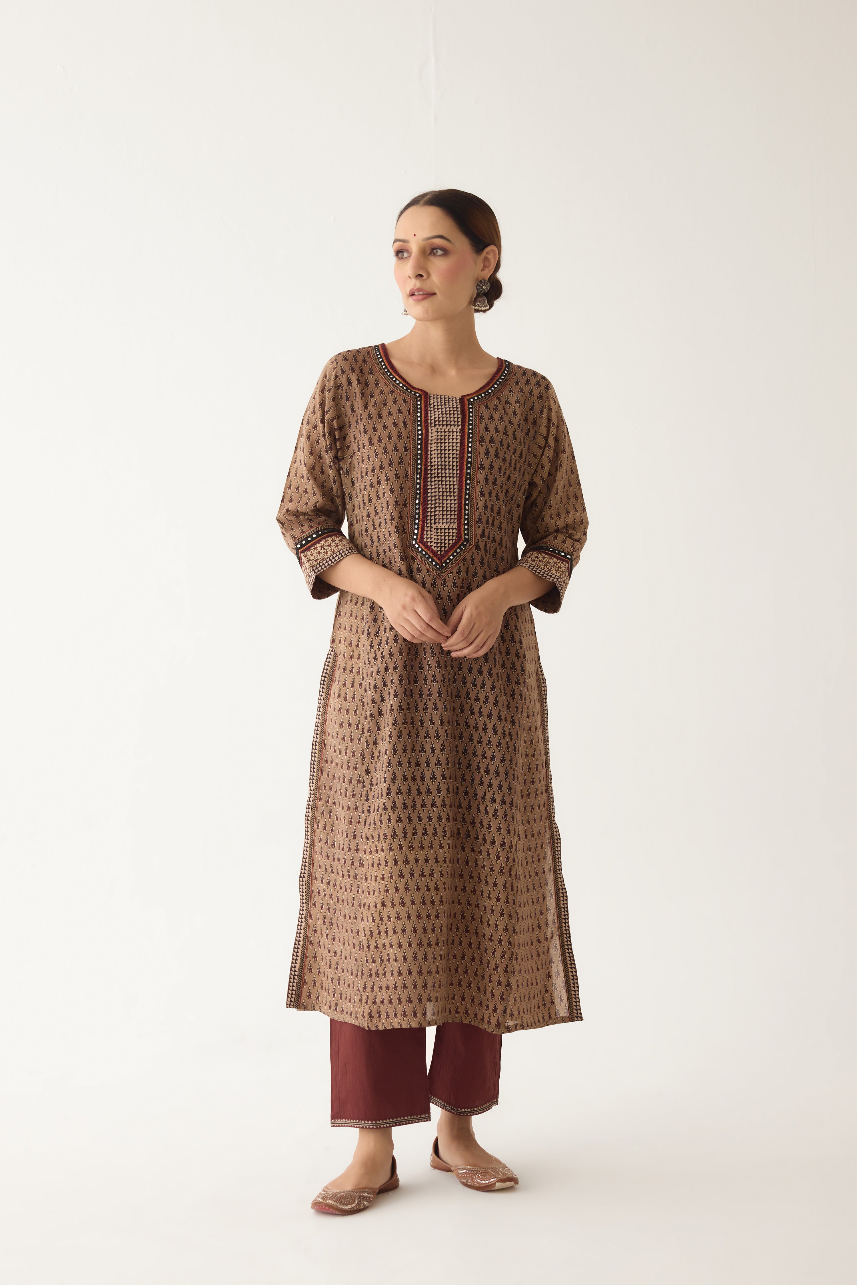 Rozana Kurta Beige/ Maroon (Set of 3) (9996893978923)