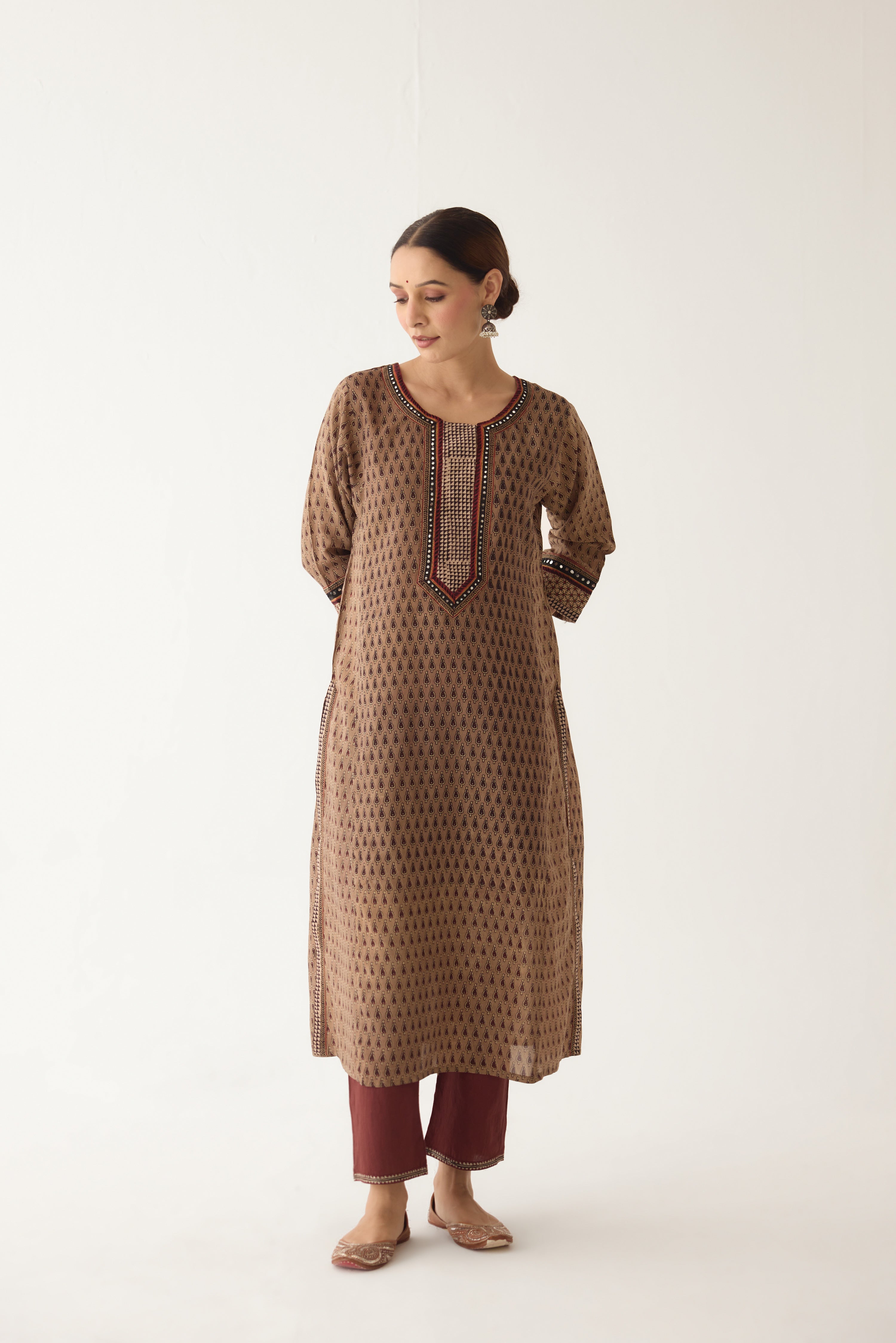 Rozana Kurta Beige/ Maroon (Set of 3) (9996893978923)