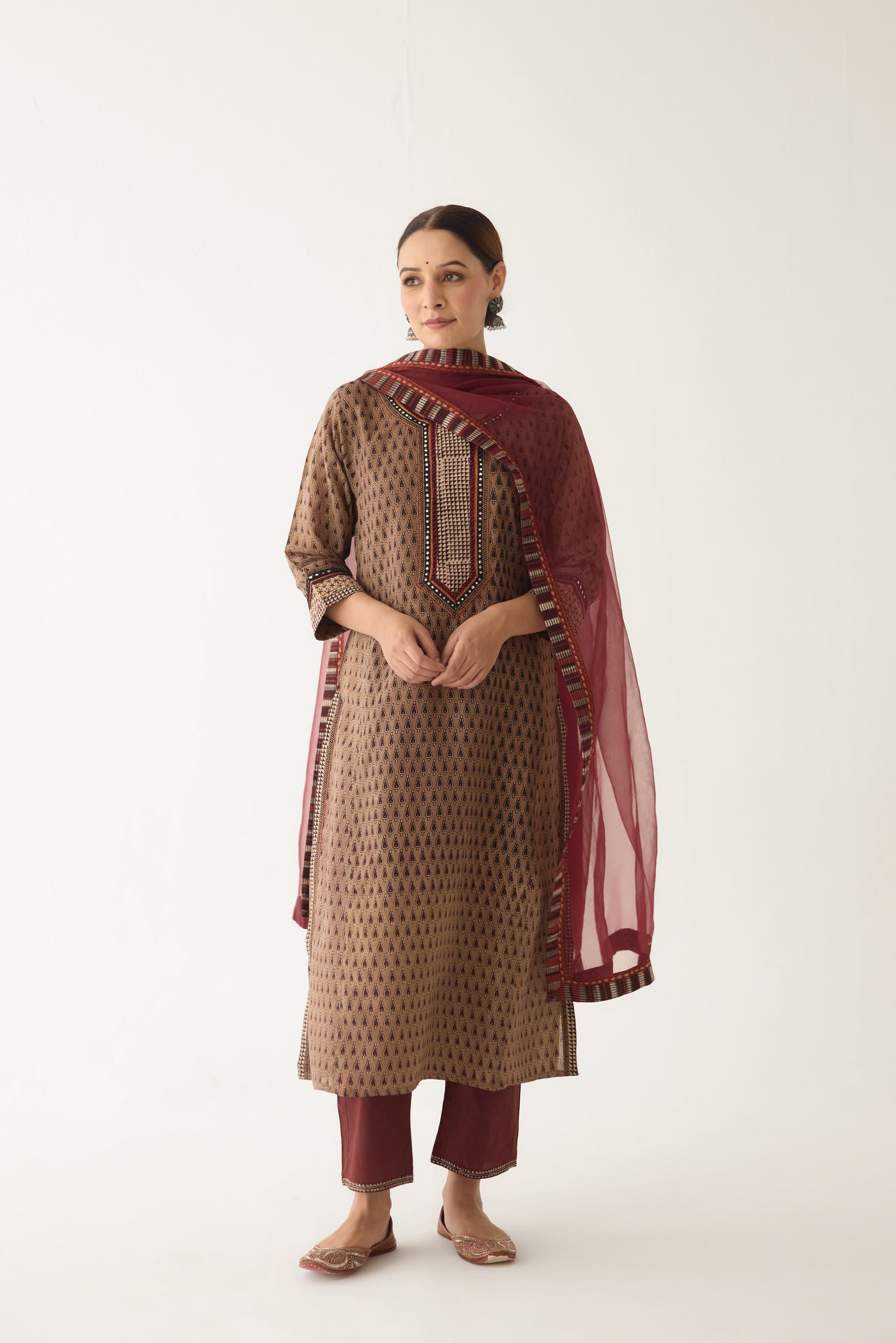 Rozana Kurta Beige/ Maroon (Set of 3) (9996893978923)