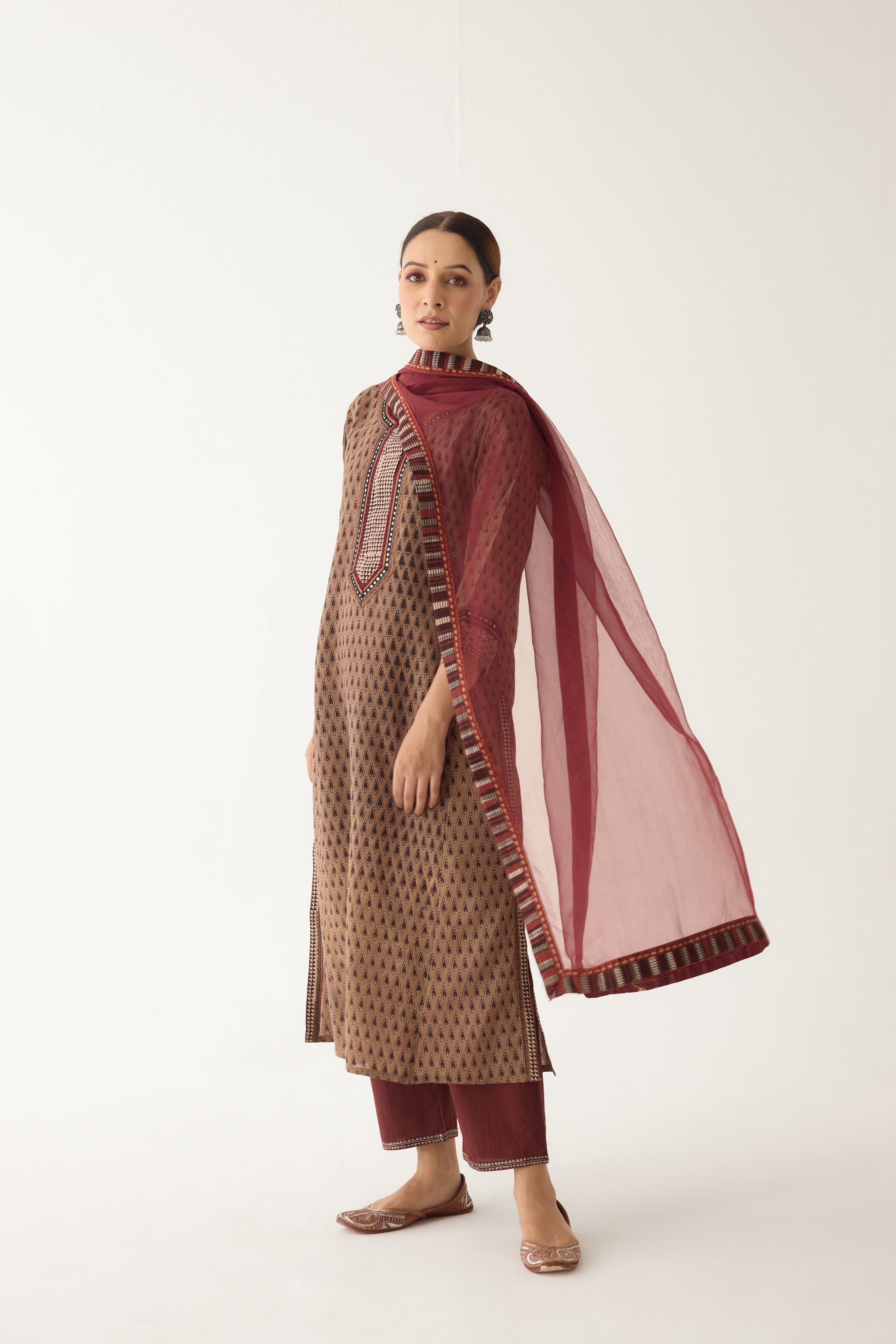 Rozana Kurta Beige/ Maroon (Set of 3) (9996893978923)