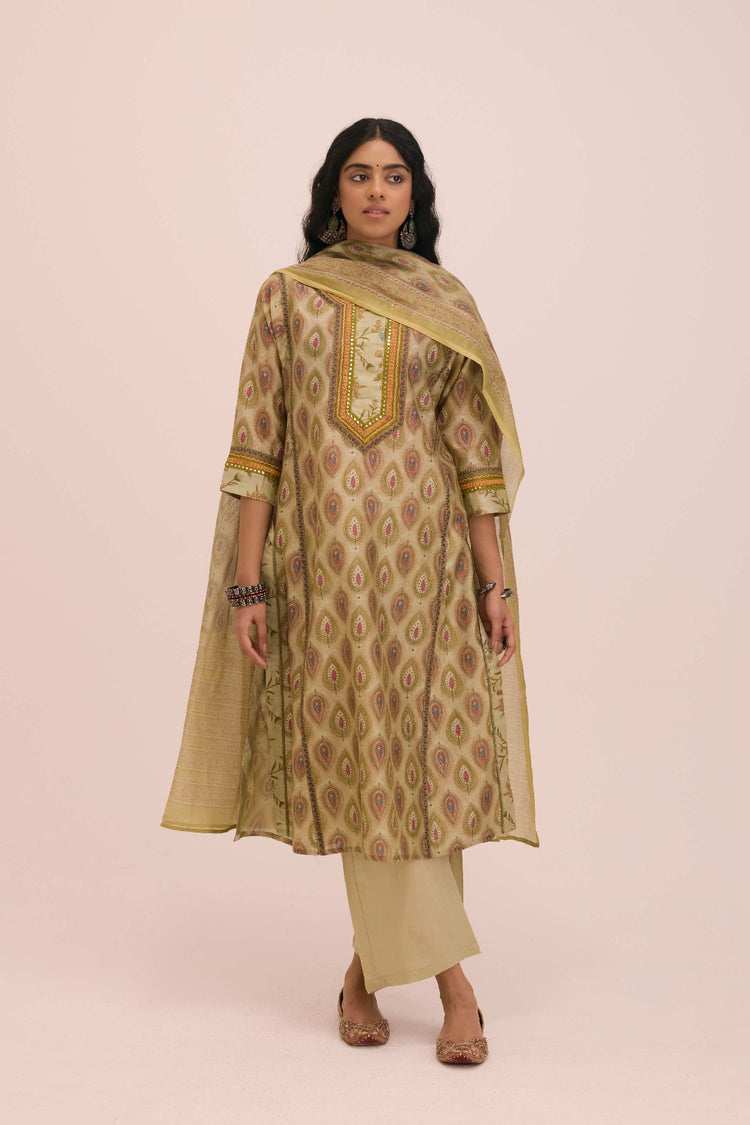 Rozana Chanderi Printed Ensemble Pista Green (Set of 2)