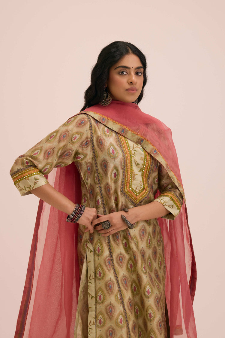 Rozana Chanderi Printed Ensemble Pista Green (Set of 2)