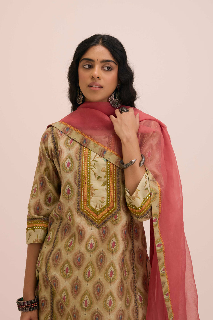 Rozana Chanderi Printed Ensemble Pista Green (Set of 2)