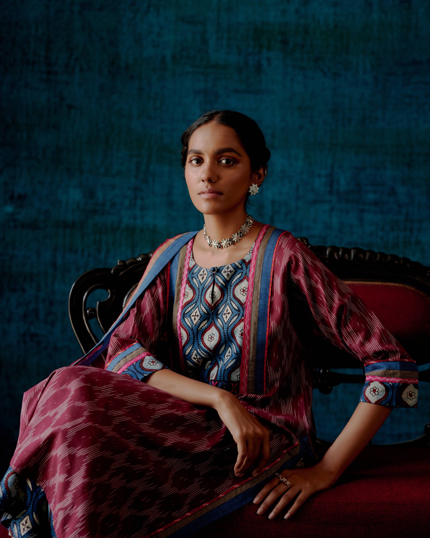 Naaz Yoke Kurta Wine Cream Indigo (7152339976239)