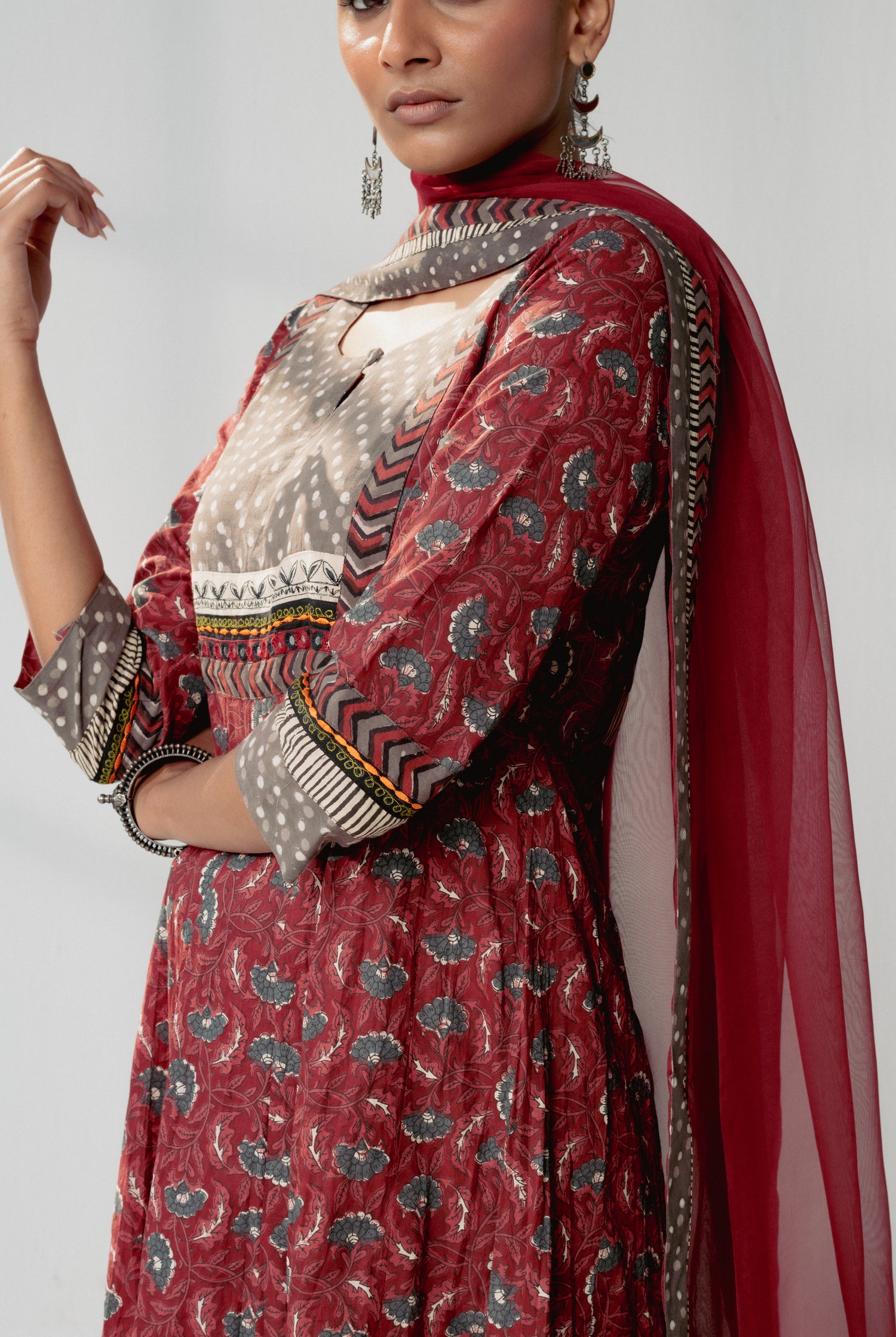 Crinkled Anarkali Kurta Maroon Grey (8161814544683)