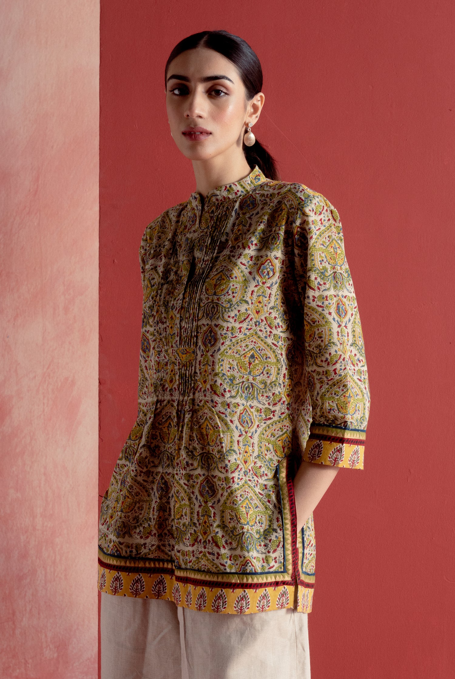 Collar Kurti Off White Green (8163179200811)
