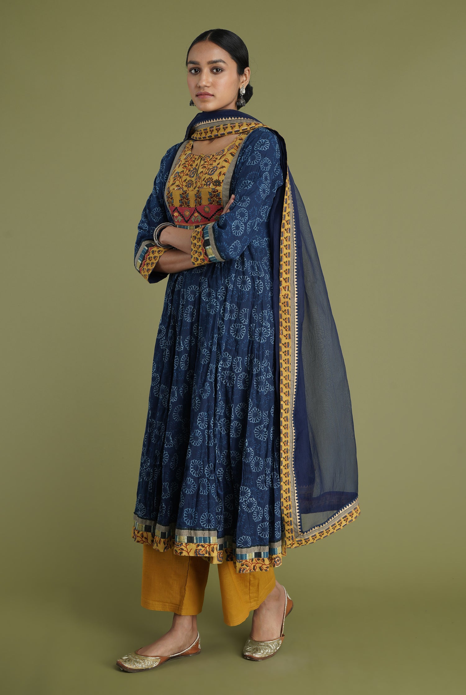 Anarkali Crinkled Kurta Mustard Indigo (6936653266991)