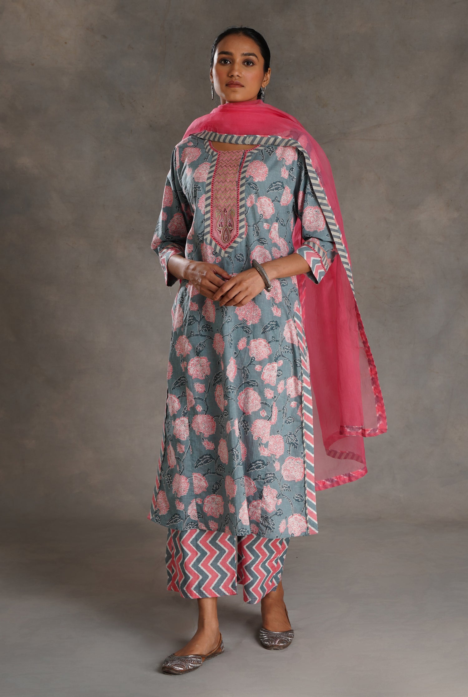 Rozana Kurta Grey Pink Peach (7019873992751)
