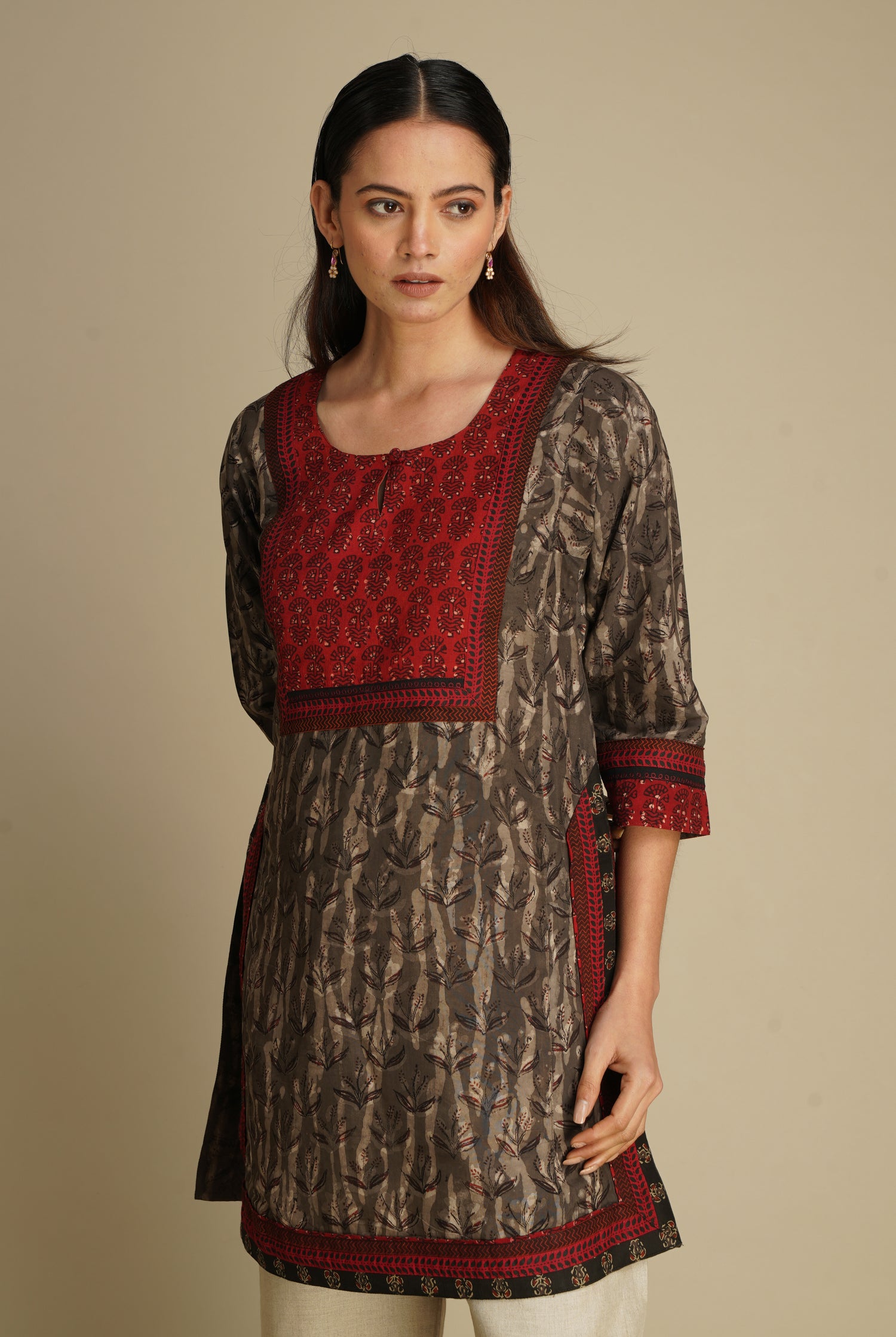 Yoke Kurti Grey Maroon (8163176644907)