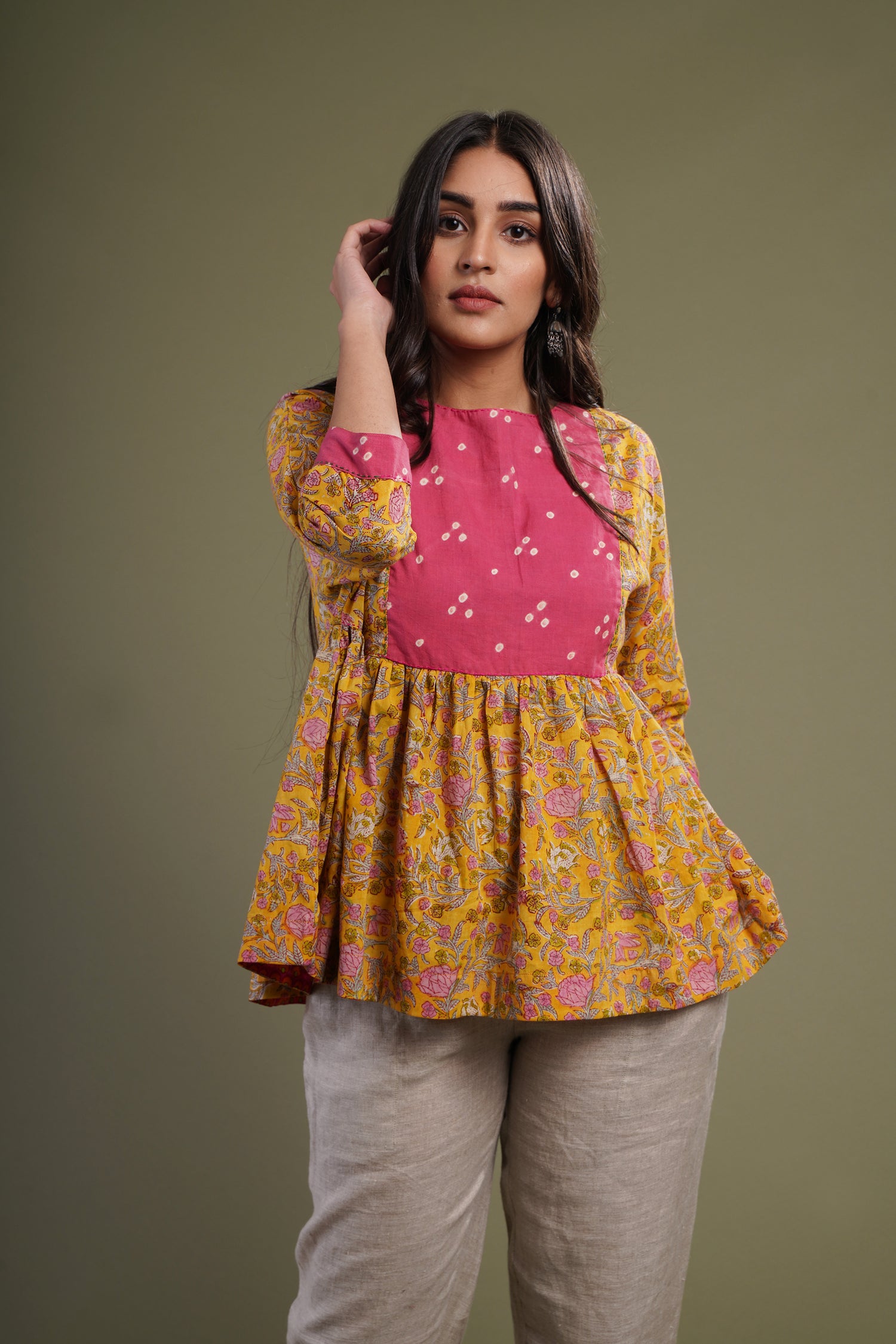 Yellow Pink Bandhej Kurti (540860842031)