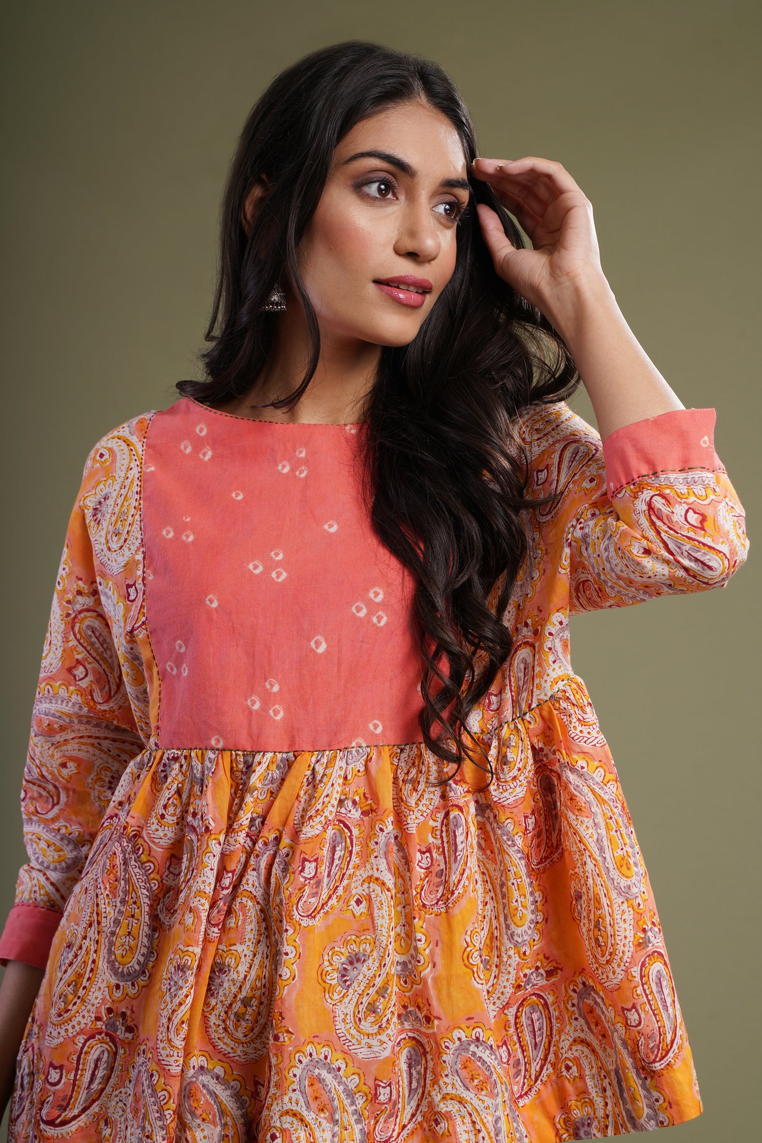 Peach Yellow Bandhej Kurti (960445415471)