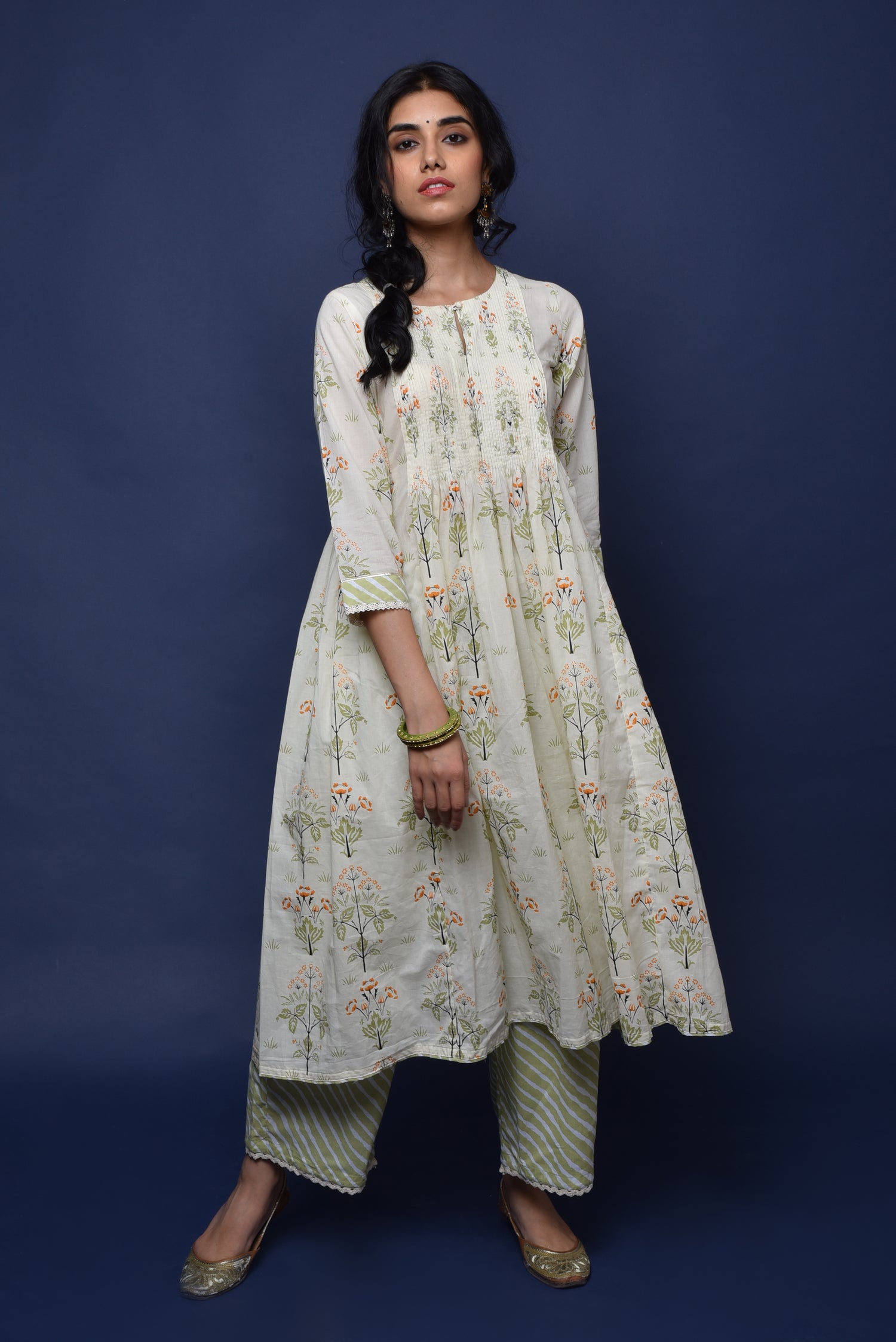 Cream Mehendi Green Banjara Anarkali Kurta (1265435050031)