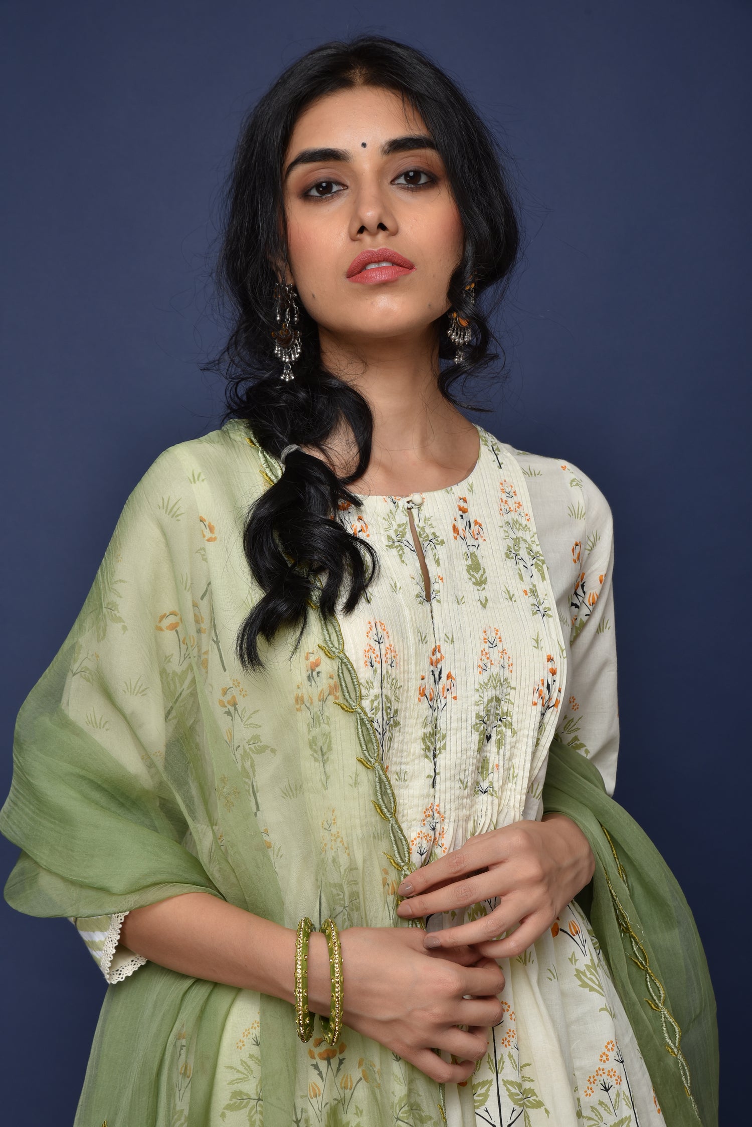 Cream Mehendi Green Banjara Anarkali Kurta (1265435050031)